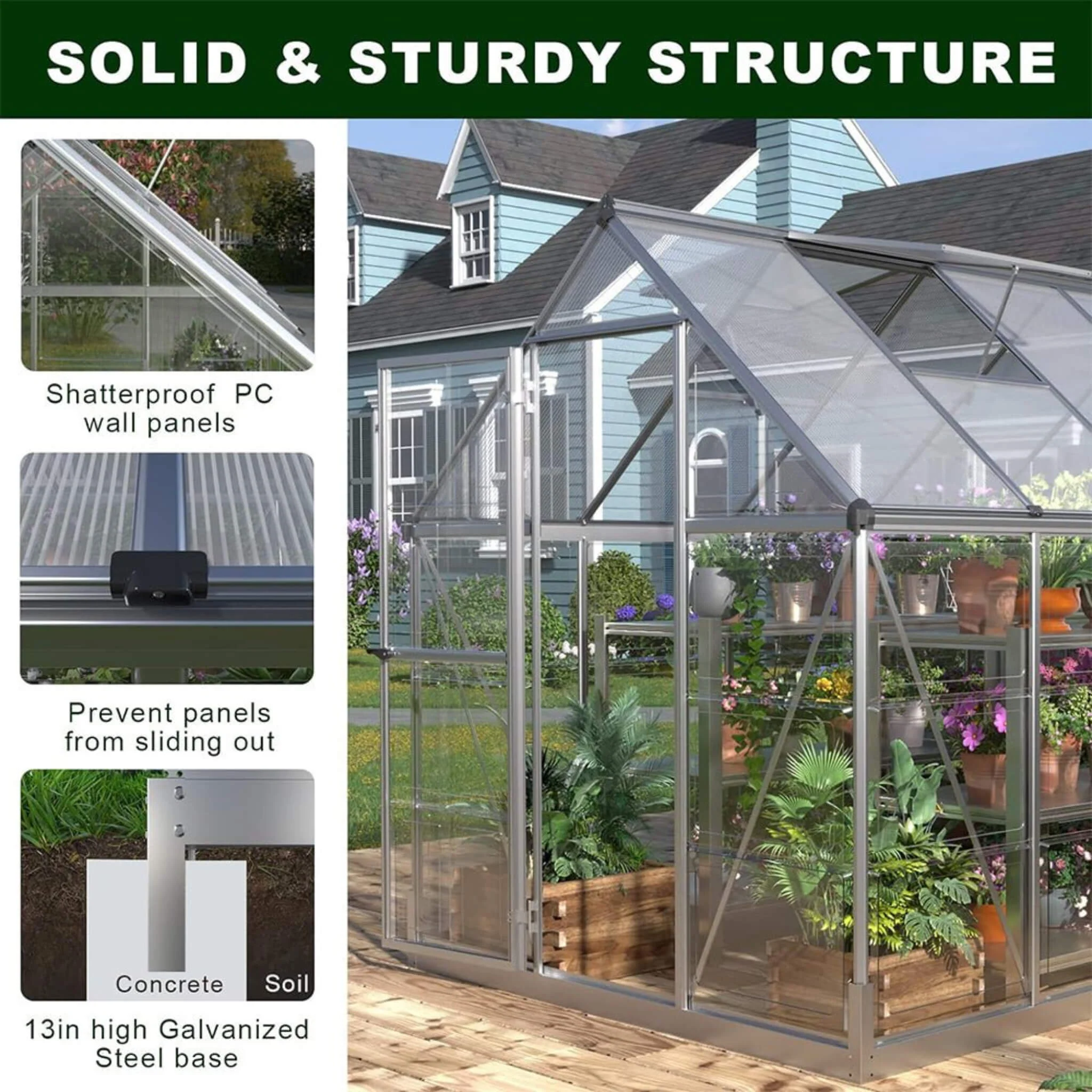 [06X12FT] Heavy-Duty Outdoor Aluminum Polycarbonate Walk-In Greenhouse With Lockable Hinged Door (SAK85247) - Image 6