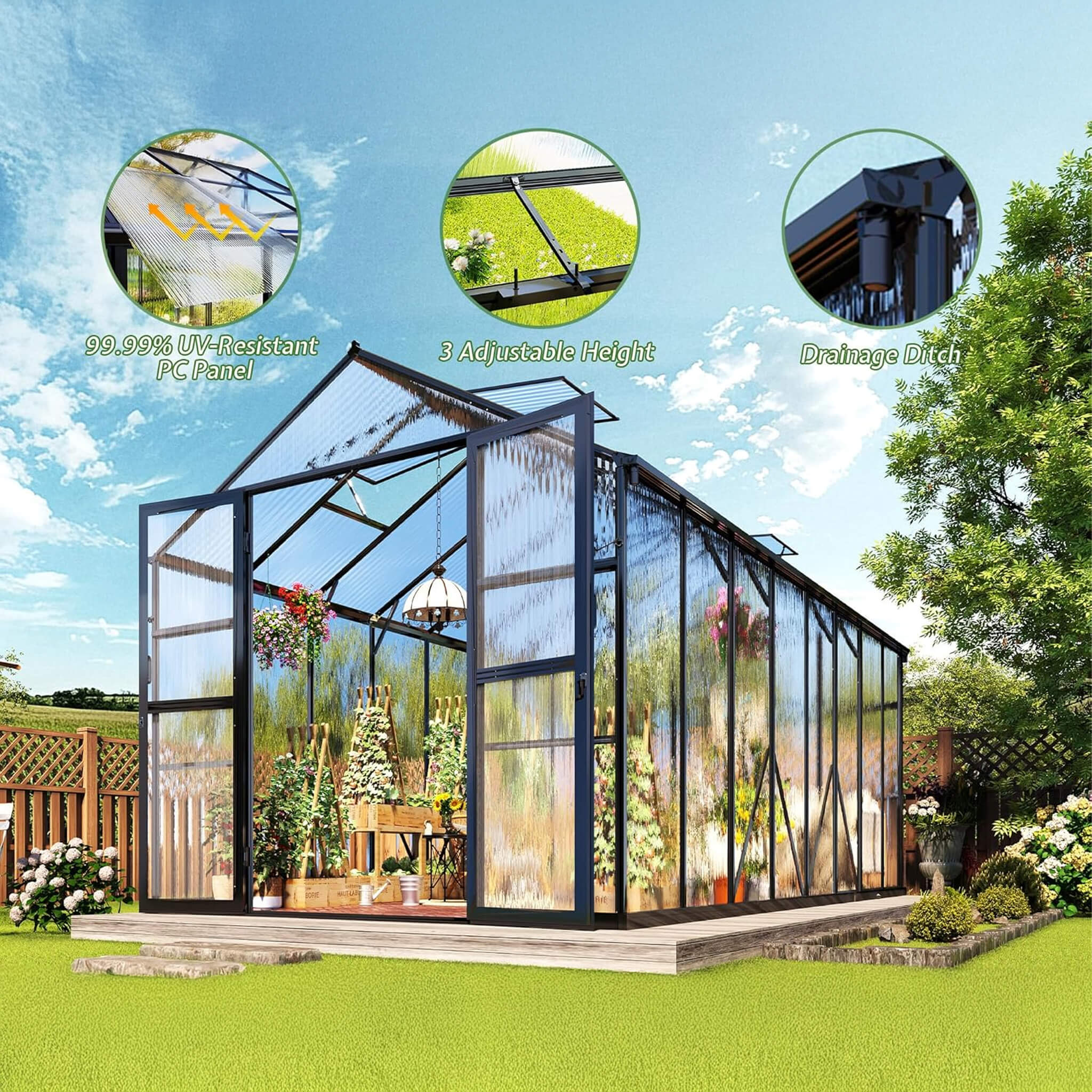 [08X16FT] Premium Polycarbonate Outdoor Walk-In Patio Greenhouse With Double Swing Doors, 4MM (SAK79206) - Image 9