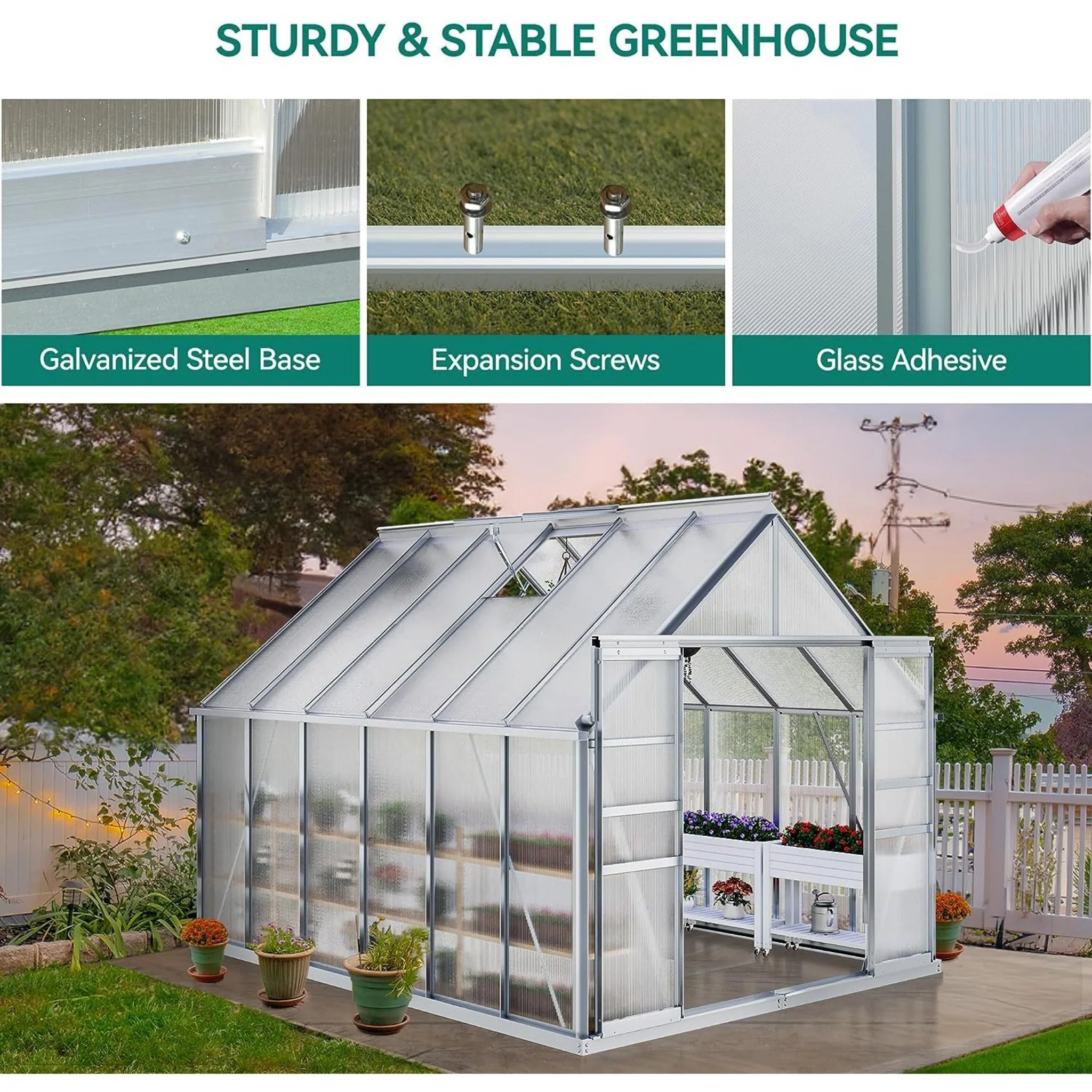 [10X12FT] Extra-Large Heavy-Duty Polycarbonate Aluminum Greenhouse With Sliding Doors And Vents (SAK74183) - Image 5