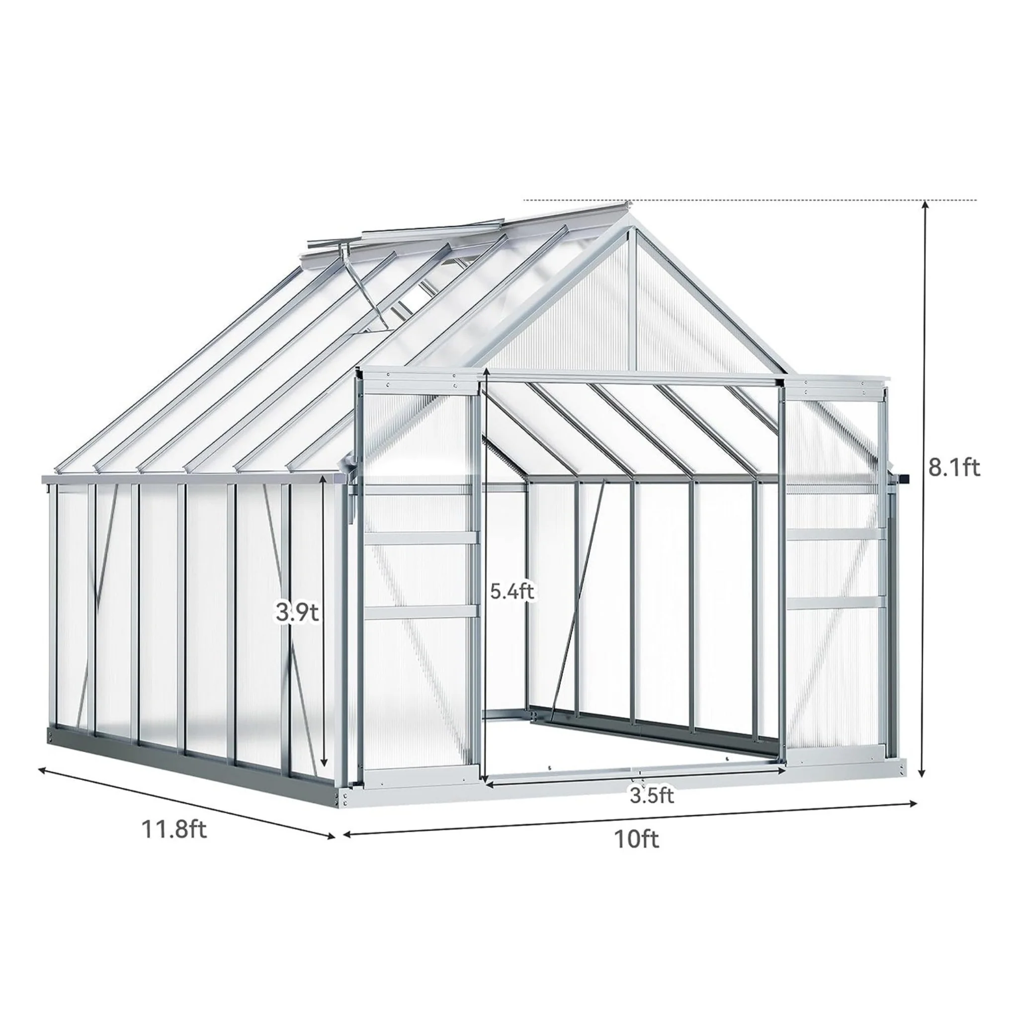 [10X12FT] Extra-Large Heavy-Duty Polycarbonate Aluminum Greenhouse With Sliding Doors And Vents (SAK74183) - Image 7