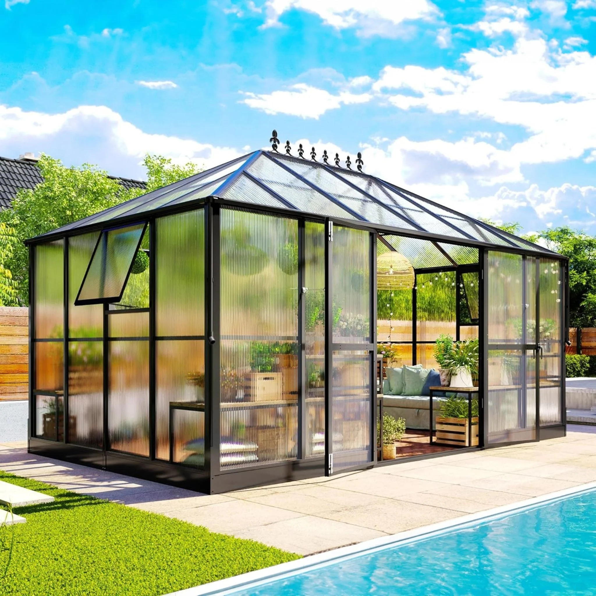 [10X14FT] Premium Outdoor Polycarbonate Greenhouse With Aluminum Frame And Double Swing Doors (SAK23168) - Image 11
