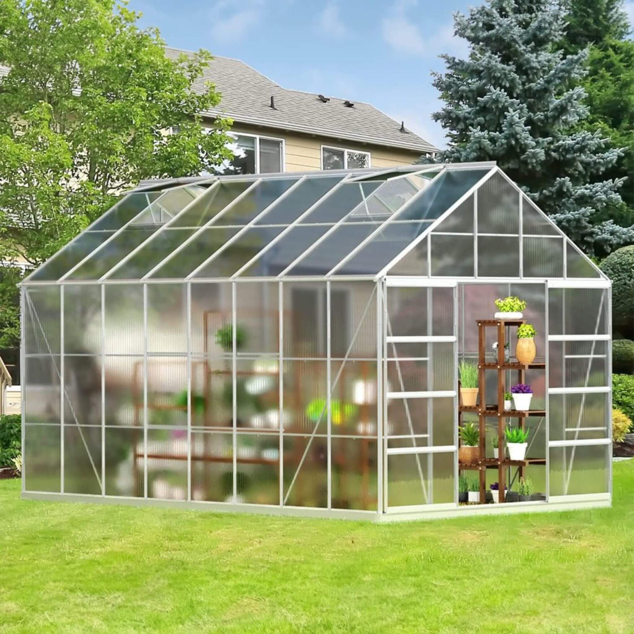 [10X16FT] Extra Large Heavy-Duty Backyard Polycarbonate Aluminum Greenhouse With Sliding Doors And Vents (SAK97526) - Image 3