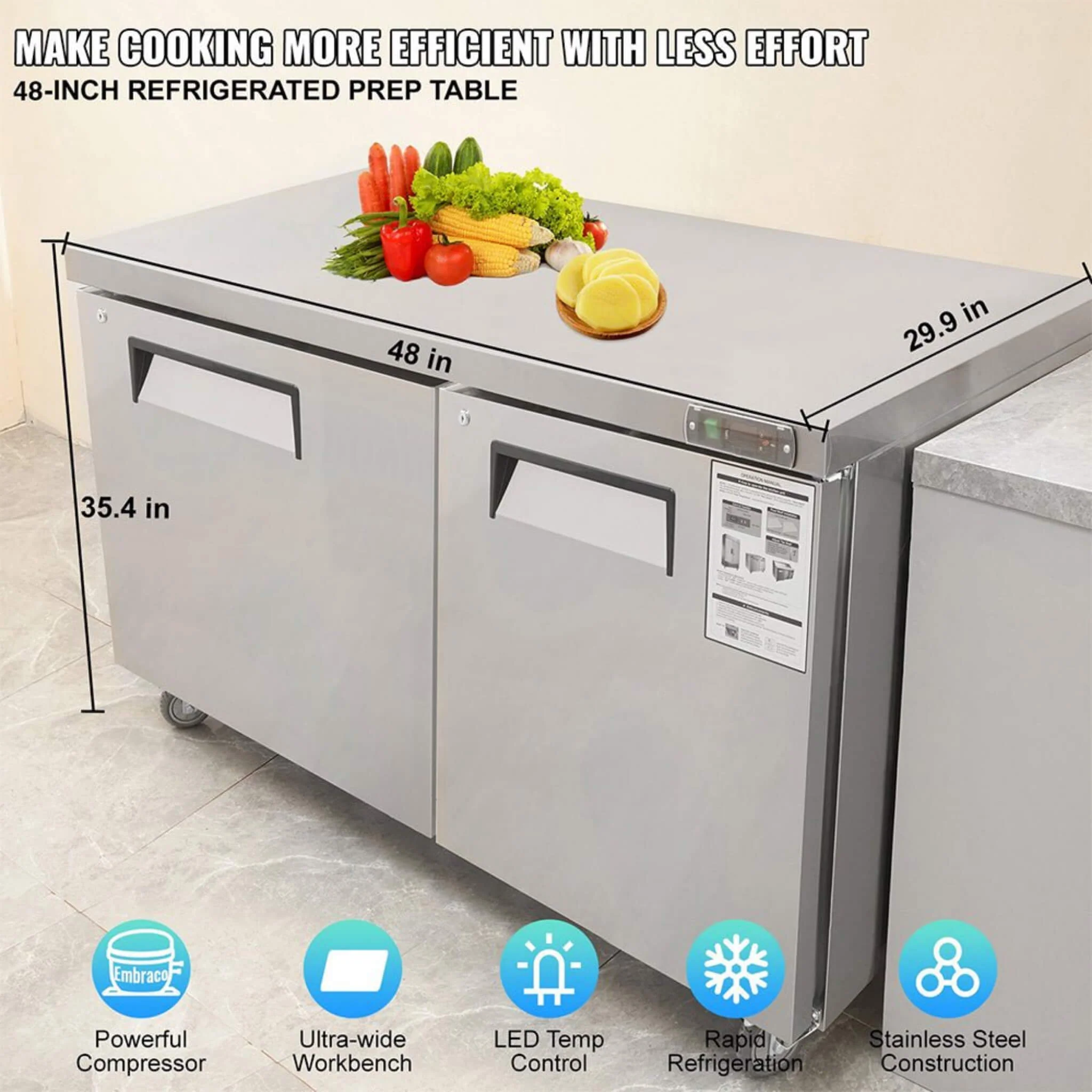 12.9 Cu.Ft 2-Door 48-Inch Commercial Stainless Steel Worktop Undercounter Refrigerator (SAK26049) - Image 3
