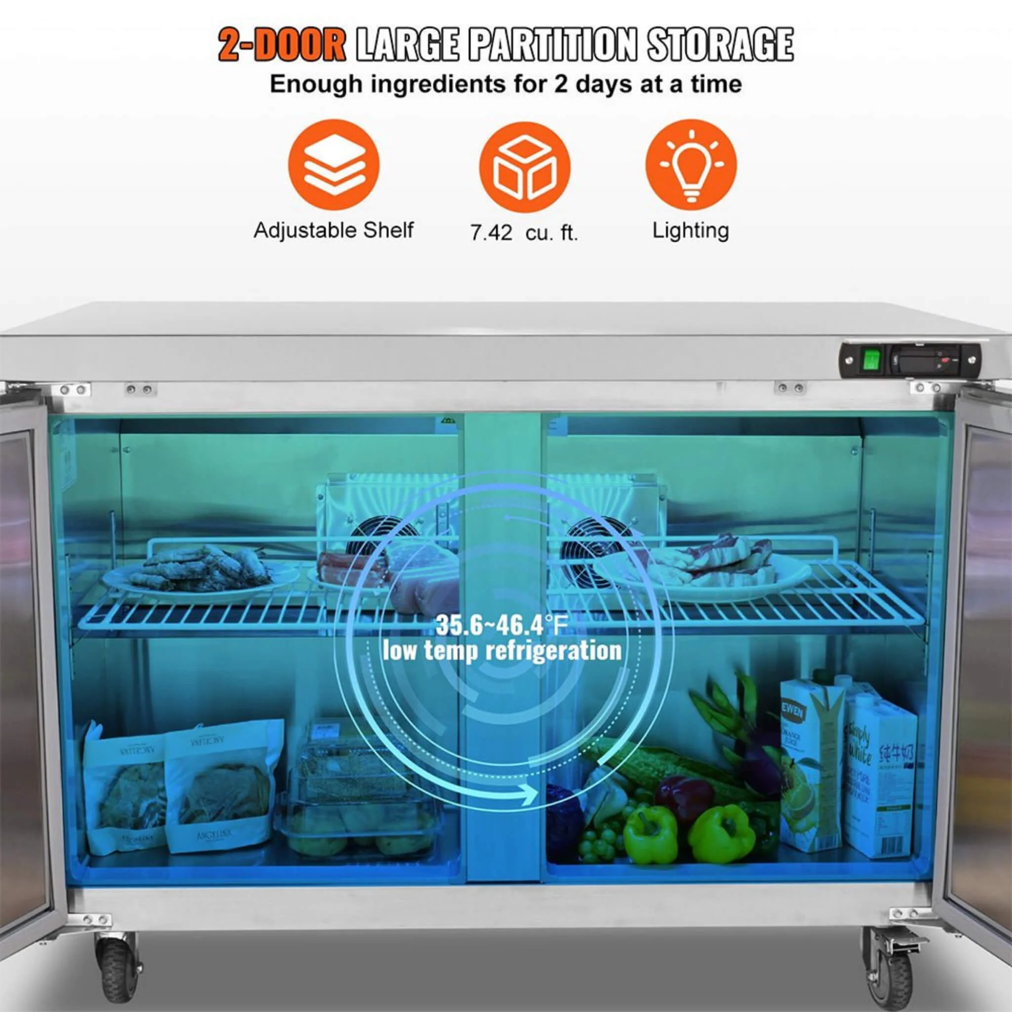 12.9 Cu.Ft 2-Door 48-Inch Commercial Stainless Steel Worktop Undercounter Refrigerator (SAK26049) - Image 5