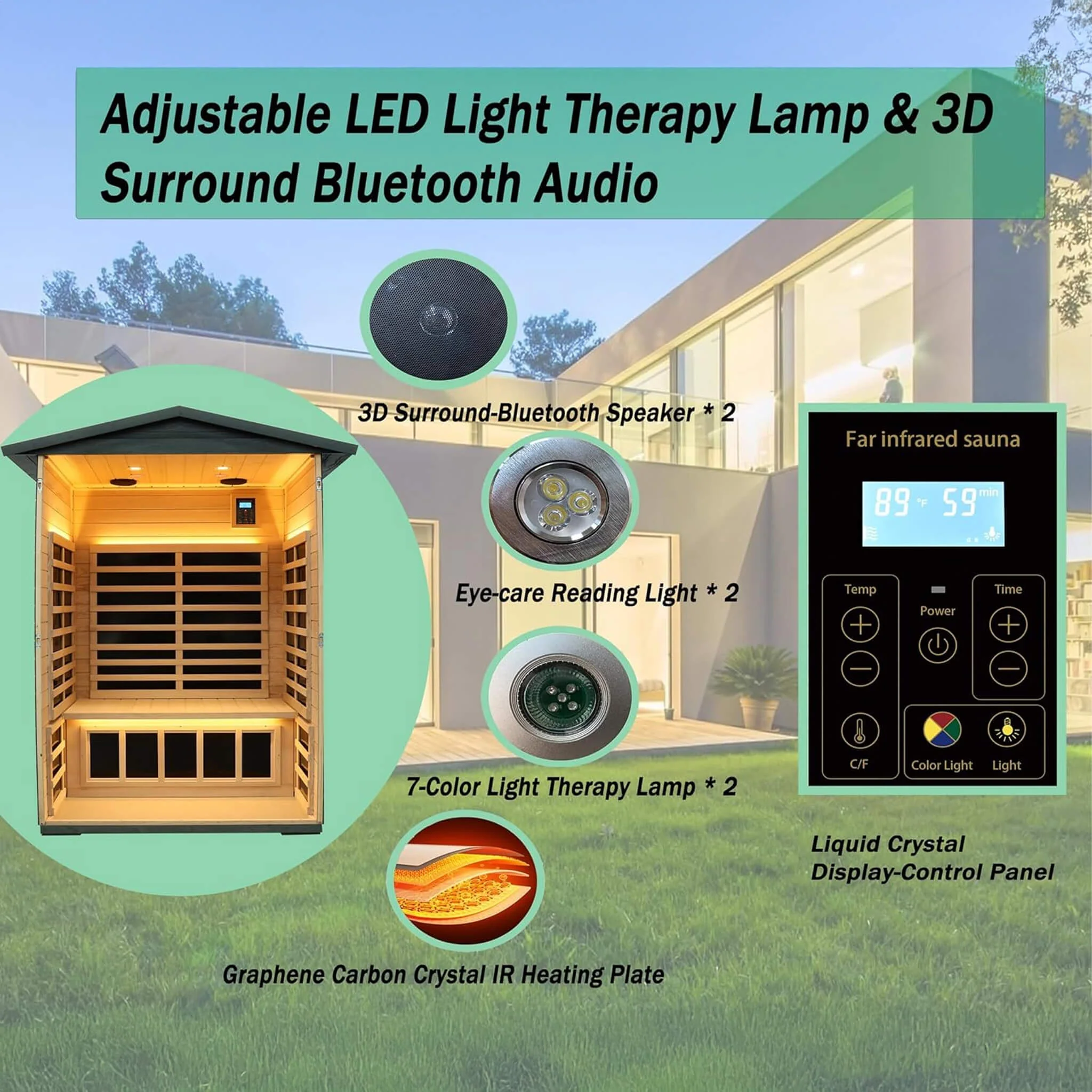 Thermora Riva Premium 2-Person Black Carbonized Walnut Low EMF Far Infrared Outdoor Sauna With Bluetooth Audio And LED Lighting (SAK16850) - Image 5