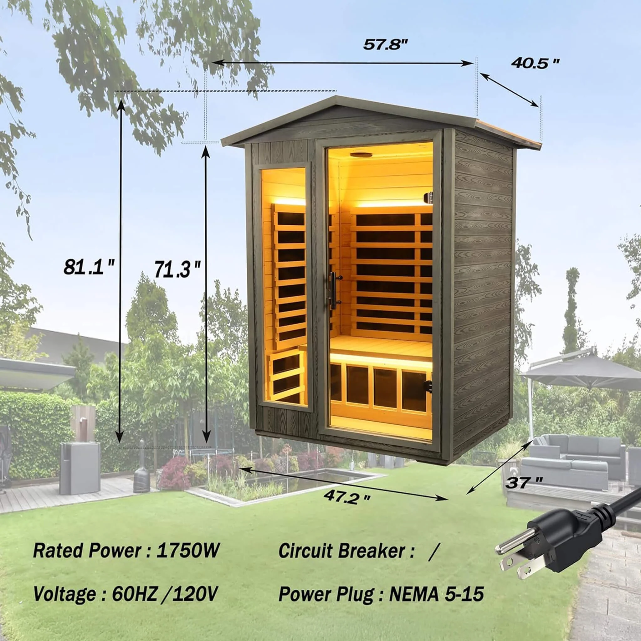 Thermora Riva Premium 2-Person Black Carbonized Walnut Low EMF Far Infrared Outdoor Sauna With Bluetooth Audio And LED Lighting (SAK16850) - Image 6