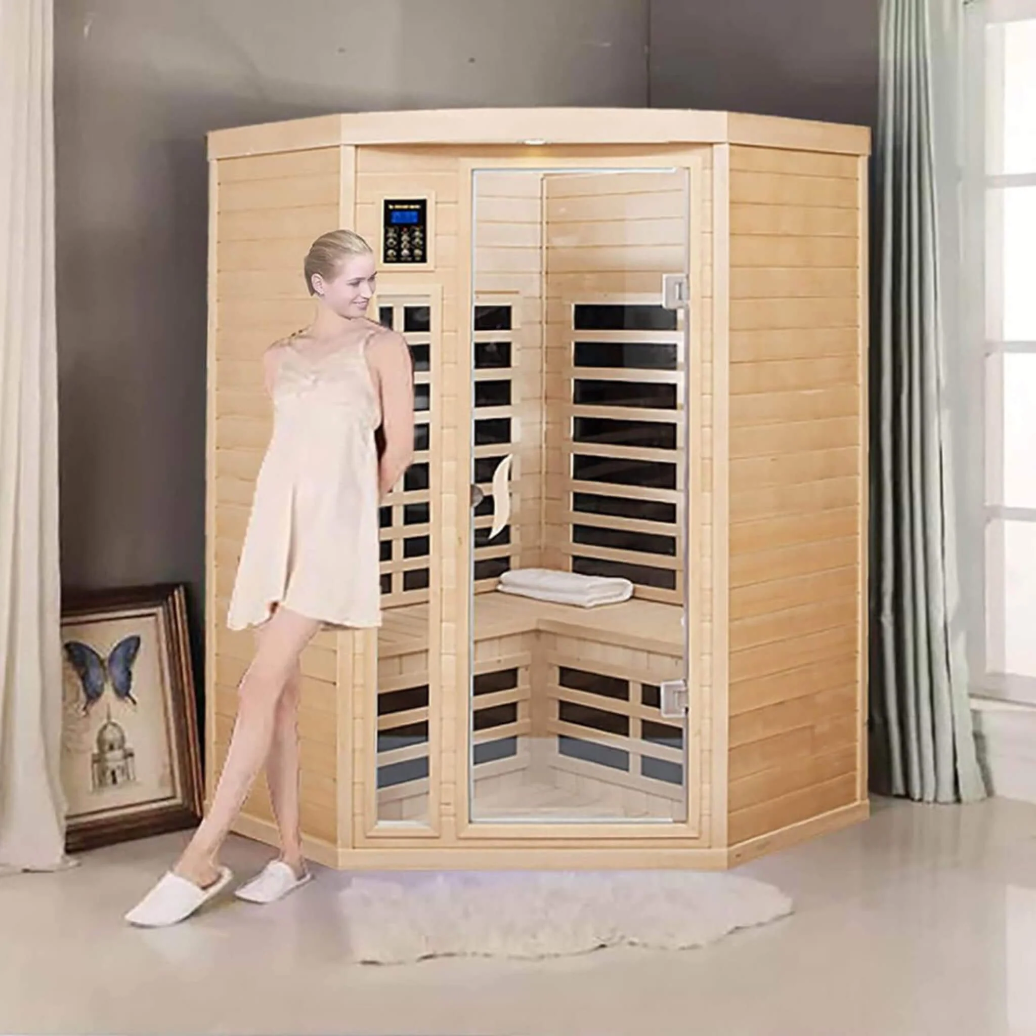 Thermora Laurent Premium 2-Person 1600W Corner Space Infrared Wooden Sauna Room With Bluetooth Speakers (SAK81524) - Image 10