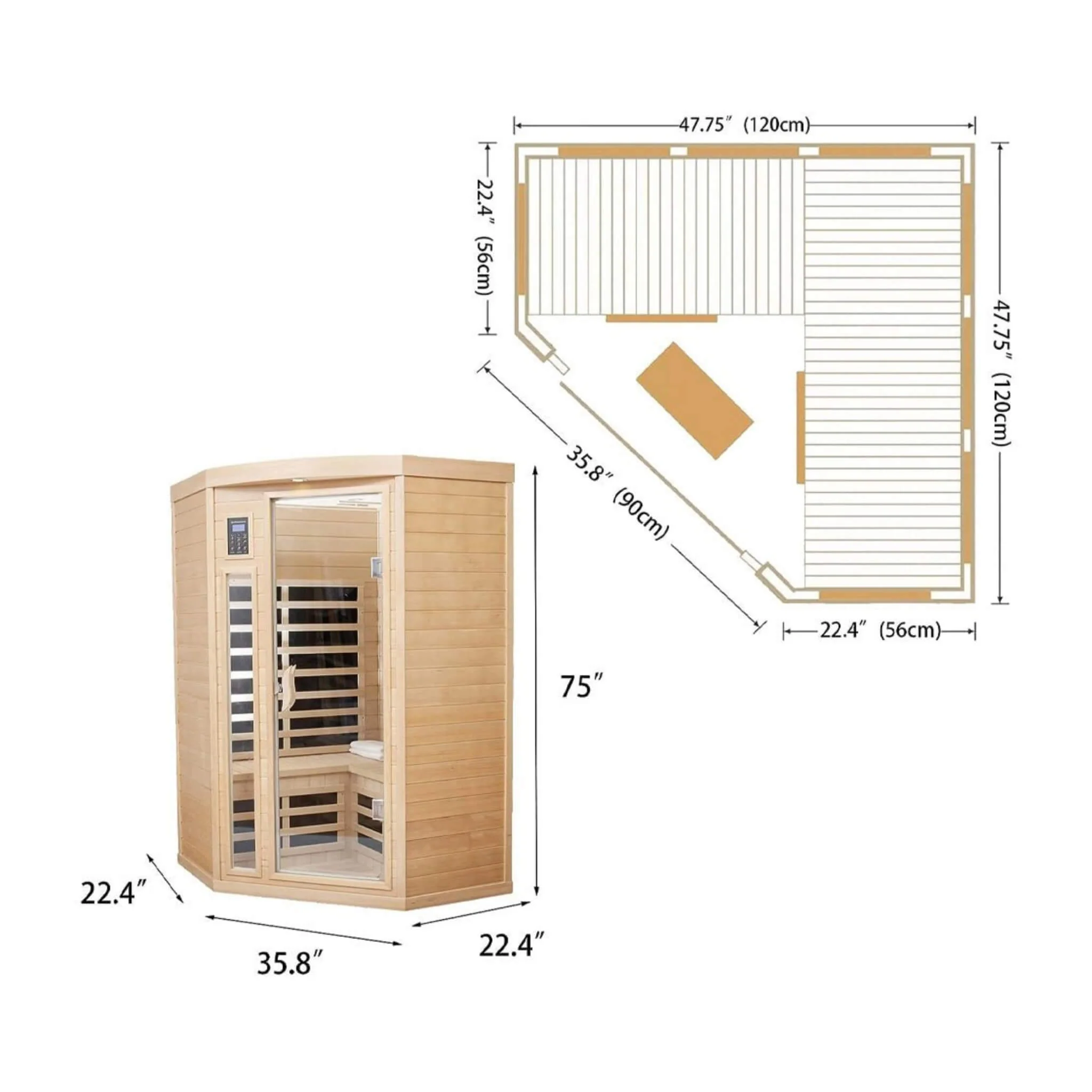 Thermora Laurent Premium 2-Person 1600W Corner Space Infrared Wooden Sauna Room With Bluetooth Speakers (SAK81524) - Image 12