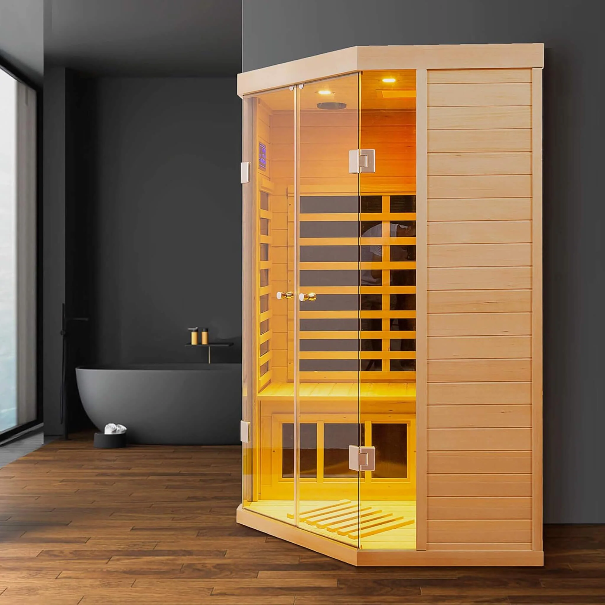 Thermora Laurent Premium 2-Person 1600W Corner Space Infrared Wooden Sauna Room With Bluetooth Speakers (SAK81524) - Image 4