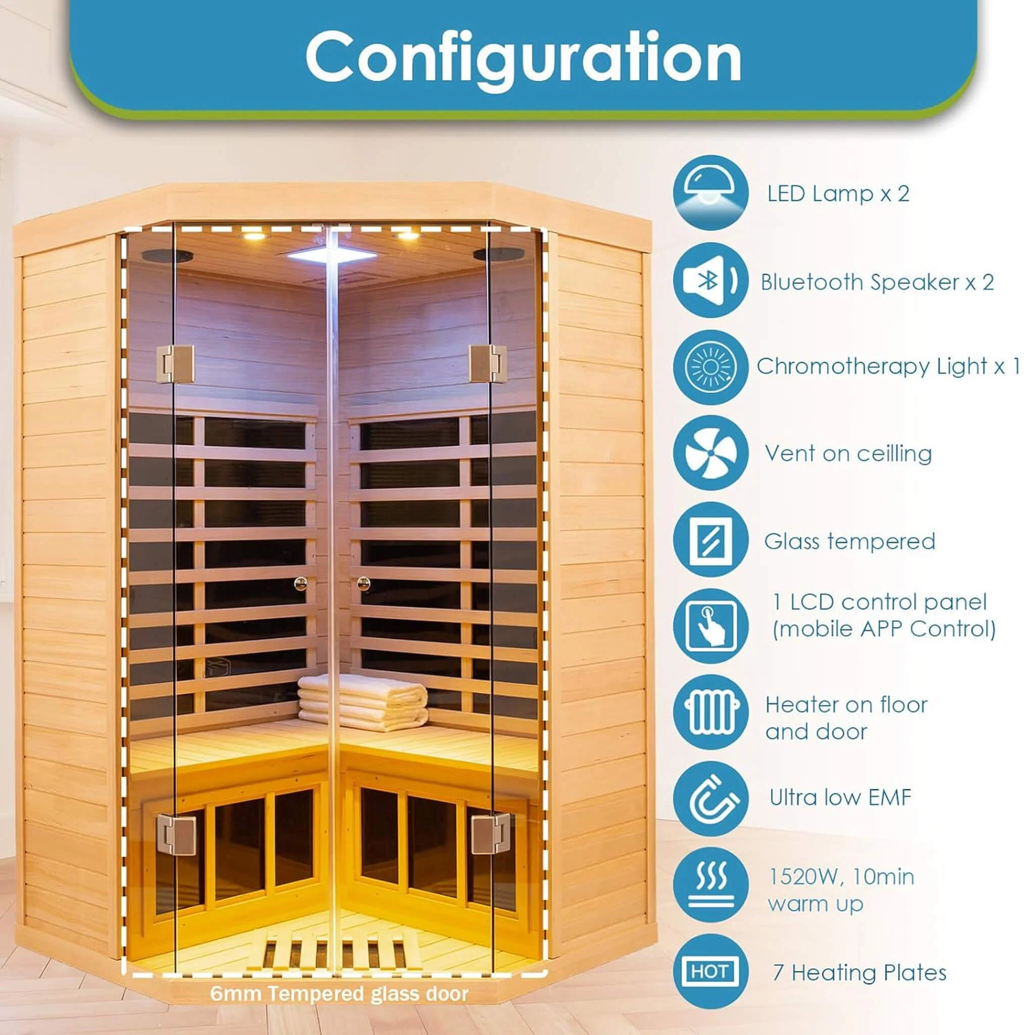 Thermora Laurent Premium 2-Person 1600W Corner Space Infrared Wooden Sauna Room With Bluetooth Speakers (SAK81524) - Image 7