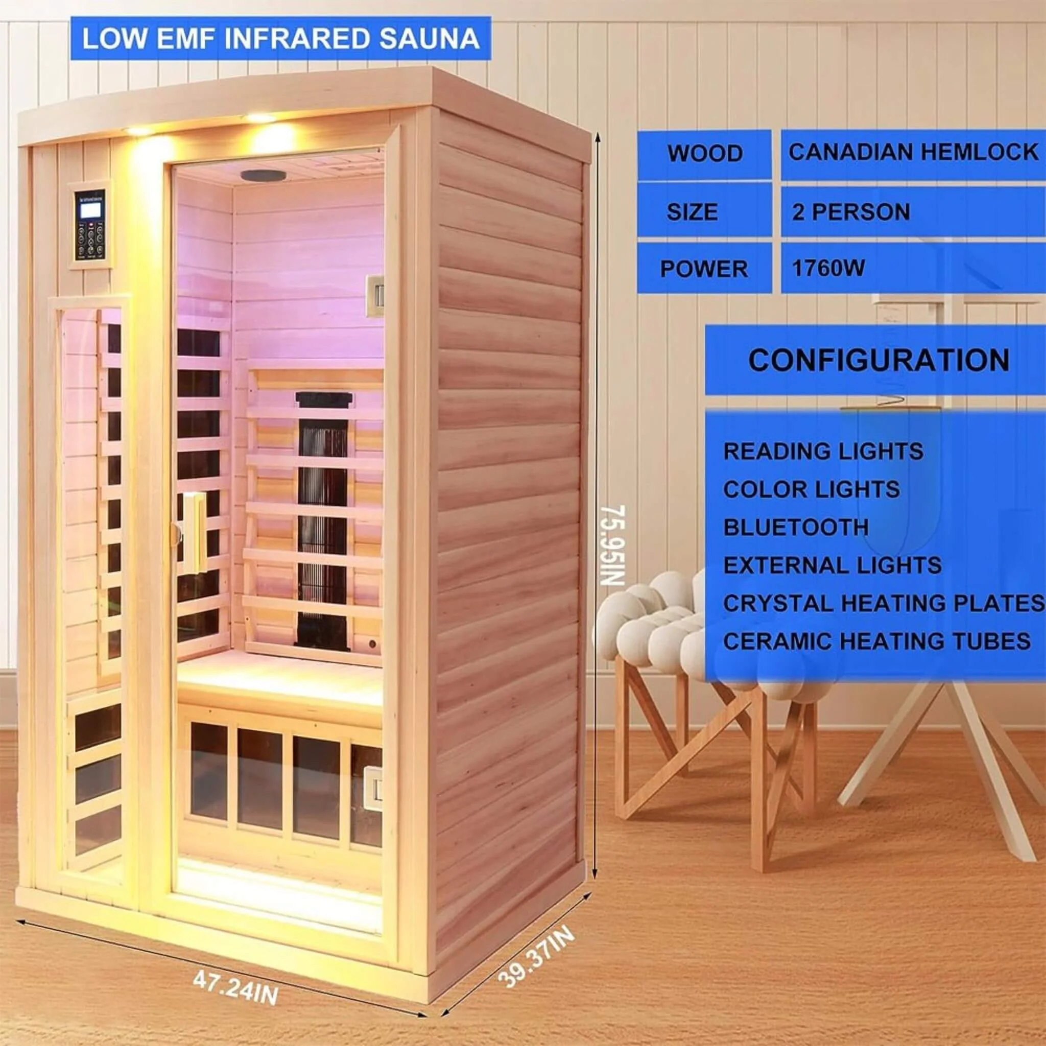 Thermora Orien Premium 2-Person Low EMF FAR-Infrared Heat Wood Home Personal Spa Sauna With Ceramic Heaters, 1760W (SAK25714) - Image 8