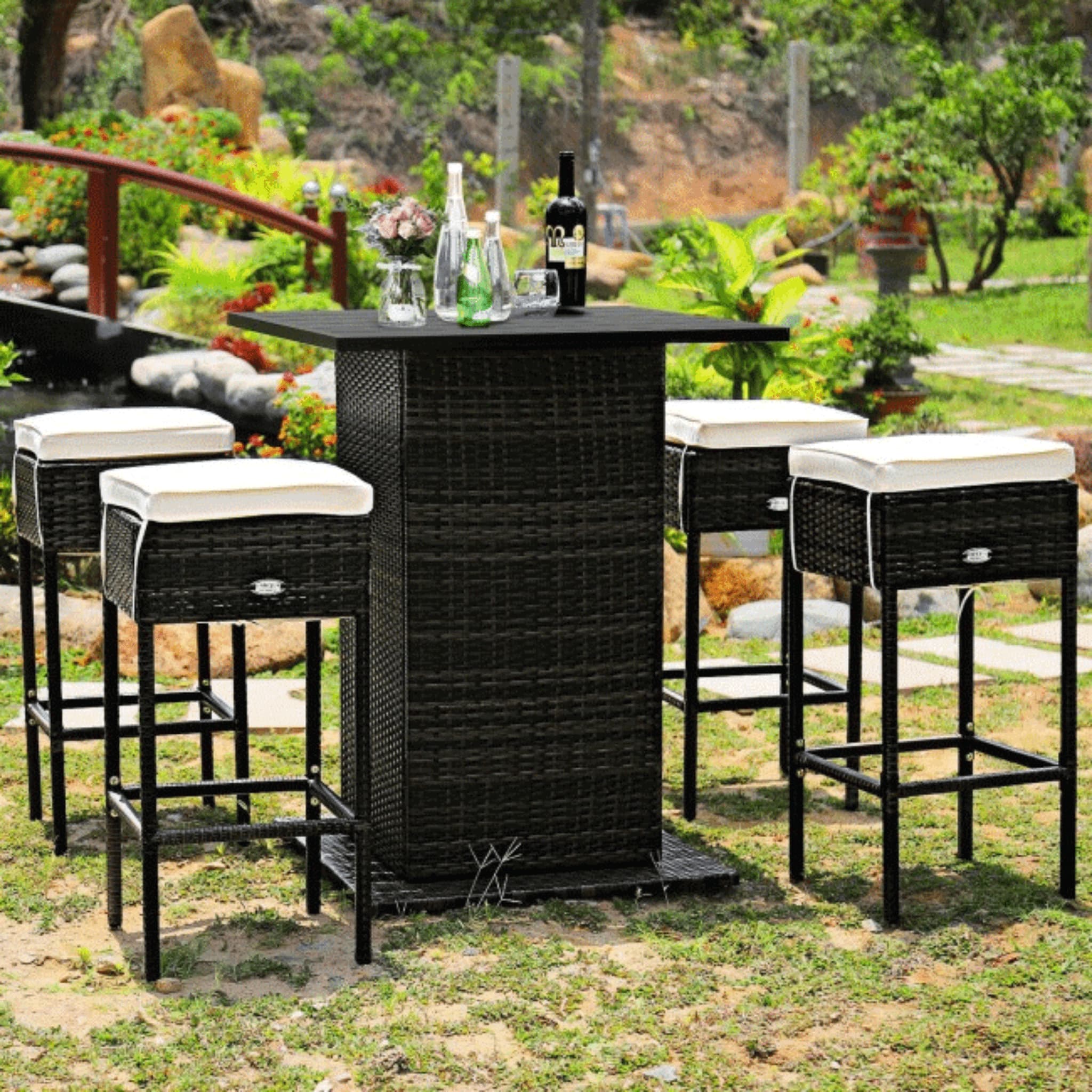 Alora 5-Piece Patio Rattan Bar Table Stool Set With Hidden Storage Shelf & Cushions (SAK14645) - Image 10