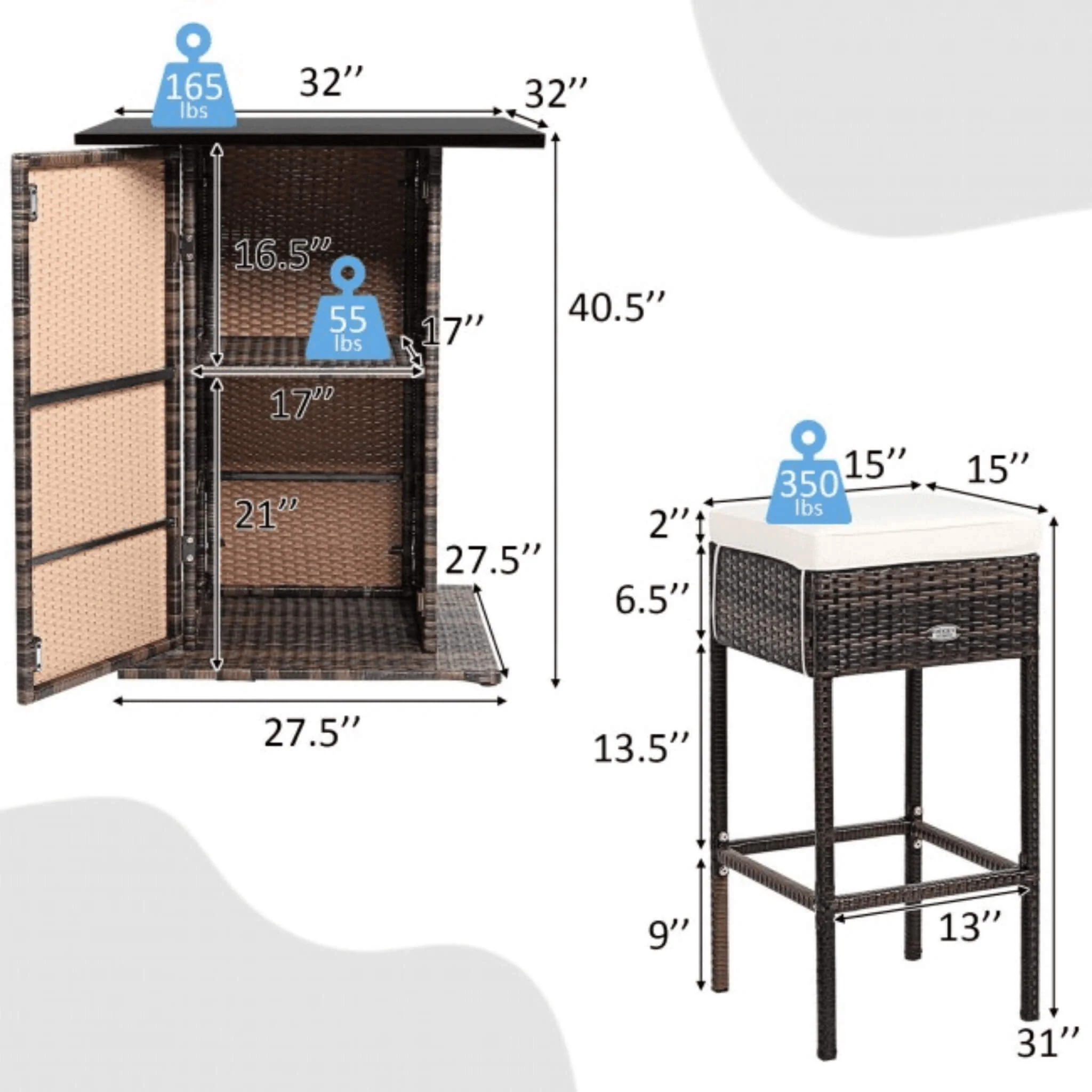 Alora 5-Piece Patio Rattan Bar Table Stool Set With Hidden Storage Shelf & Cushions (SAK14645) - Image 11