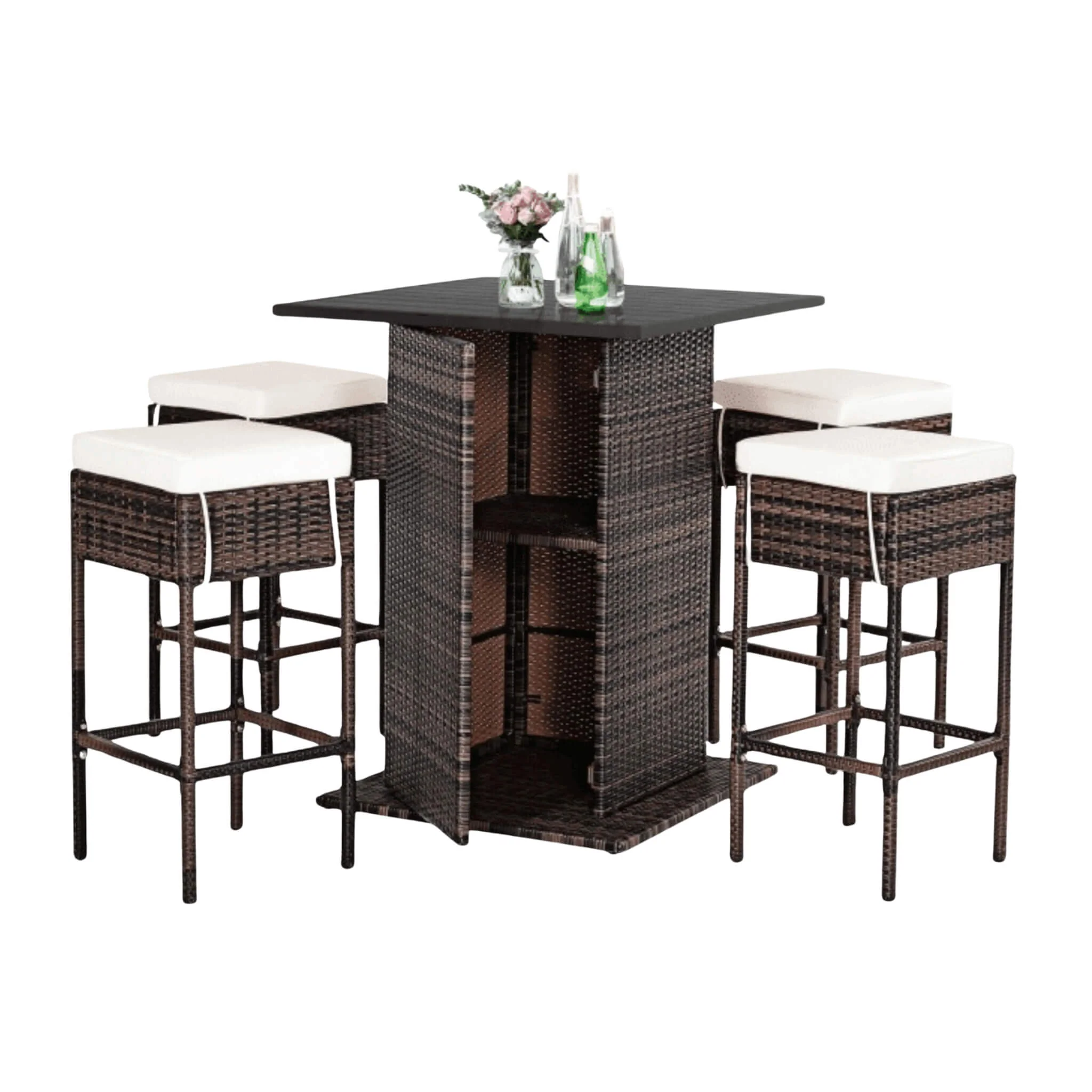 Alora 5-Piece Patio Rattan Bar Table Stool Set With Hidden Storage Shelf & Cushions (SAK14645) - Image 3