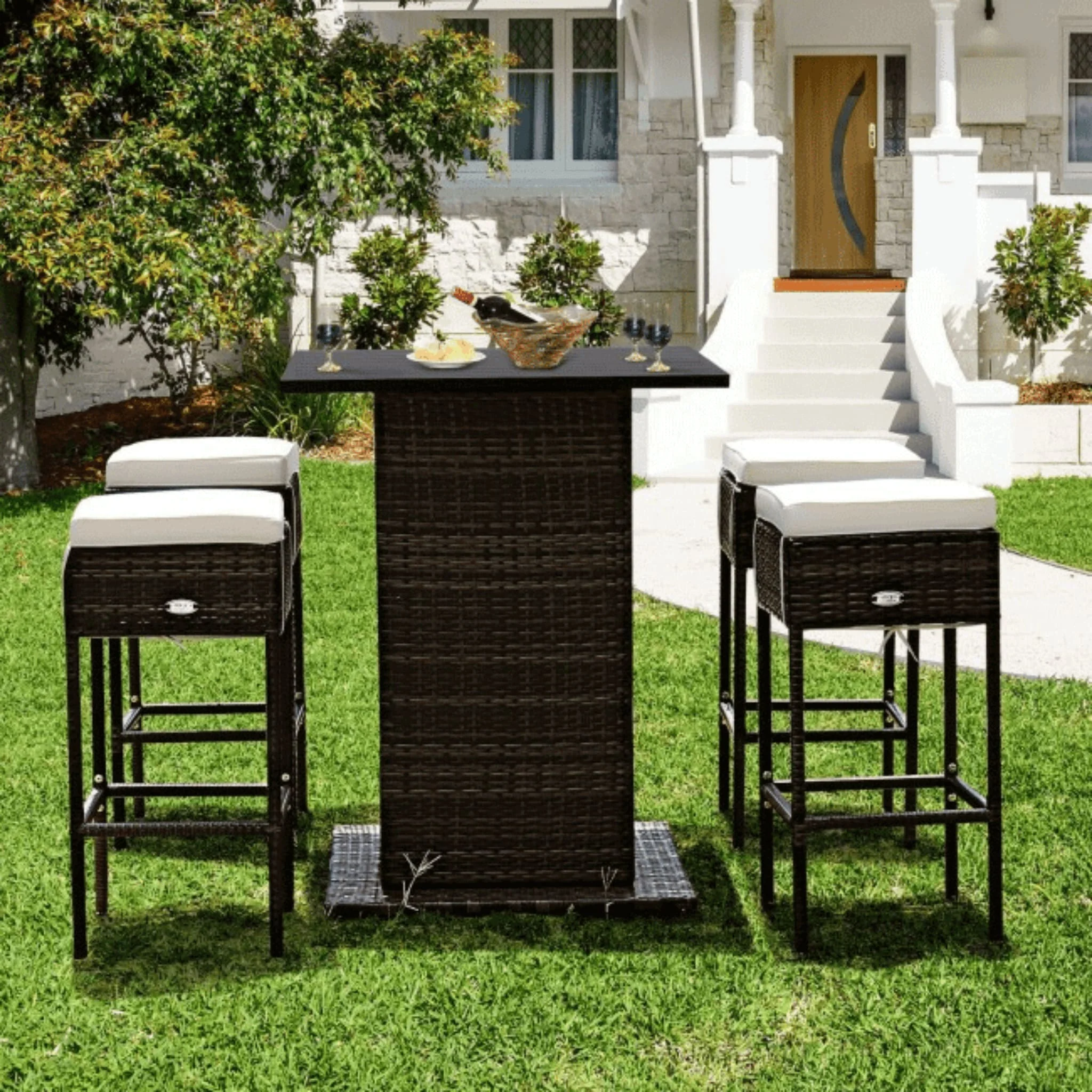 Alora 5-Piece Patio Rattan Bar Table Stool Set With Hidden Storage Shelf & Cushions (SAK14645) - Image 4