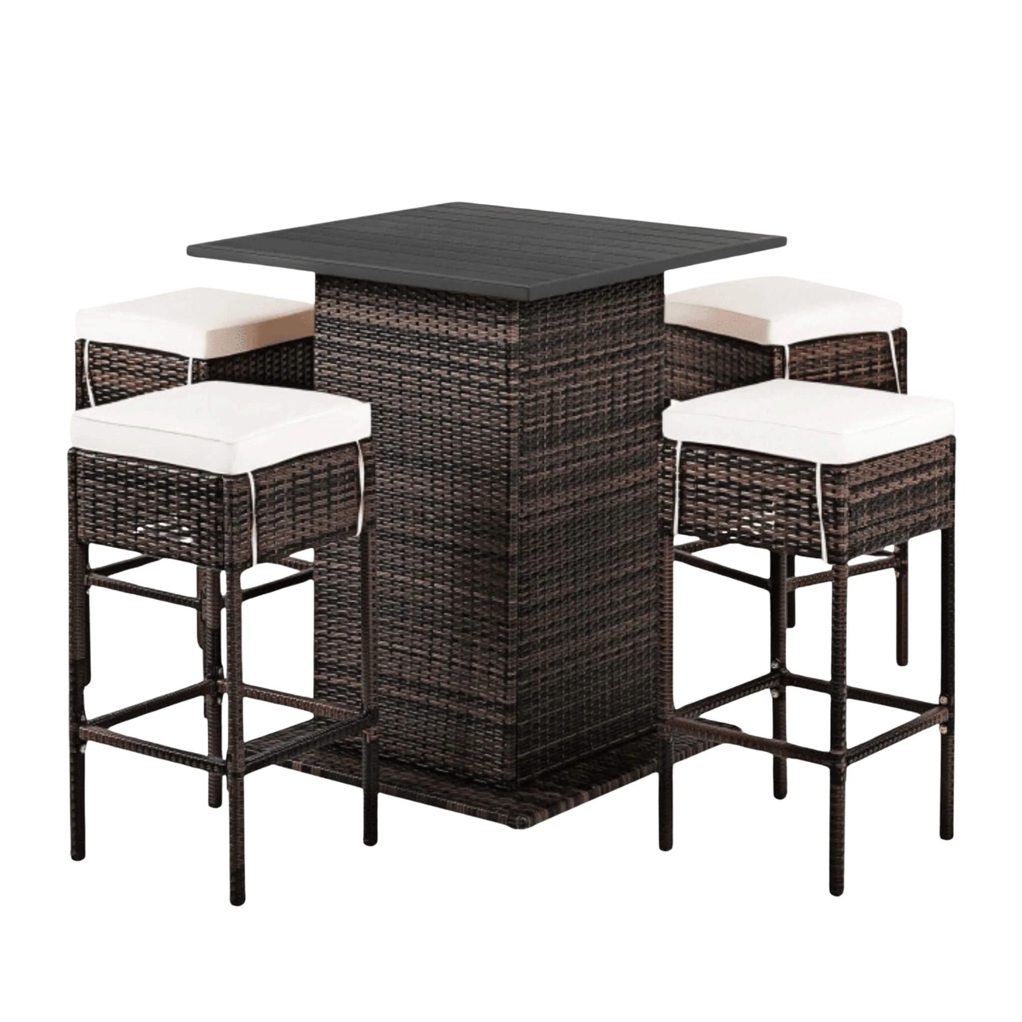 Alora 5-Piece Patio Rattan Bar Table Stool Set With Hidden Storage Shelf & Cushions (SAK14645) - Image 5