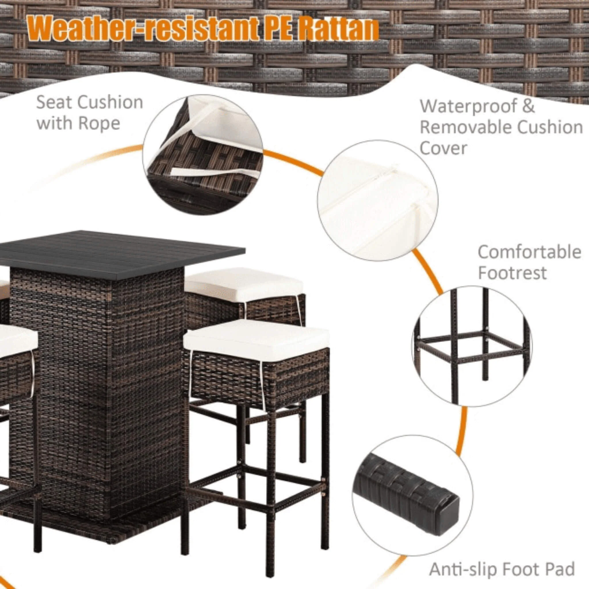 Alora 5-Piece Patio Rattan Bar Table Stool Set With Hidden Storage Shelf & Cushions (SAK14645) - Image 6