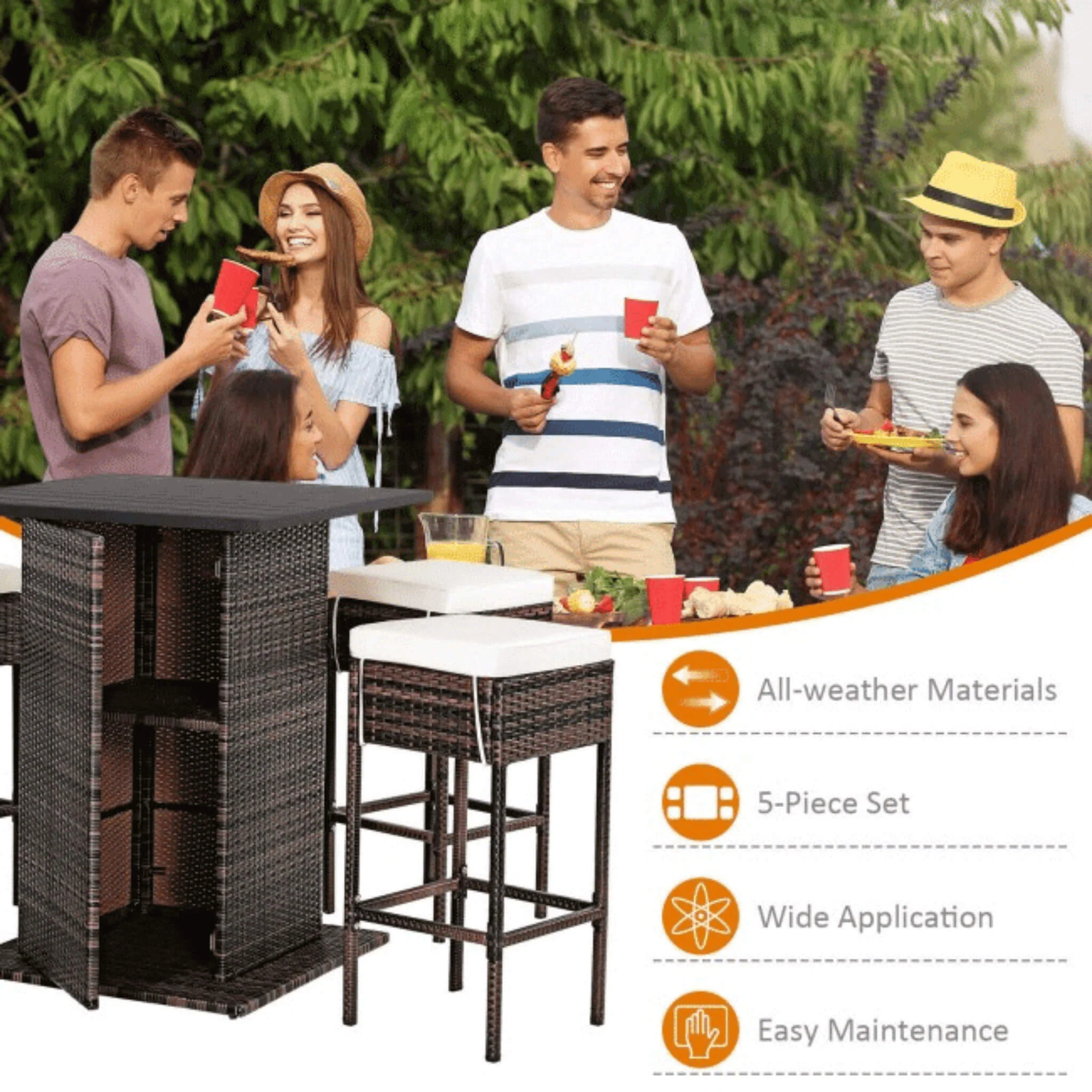 Alora 5-Piece Patio Rattan Bar Table Stool Set With Hidden Storage Shelf & Cushions (SAK14645) - Image 8