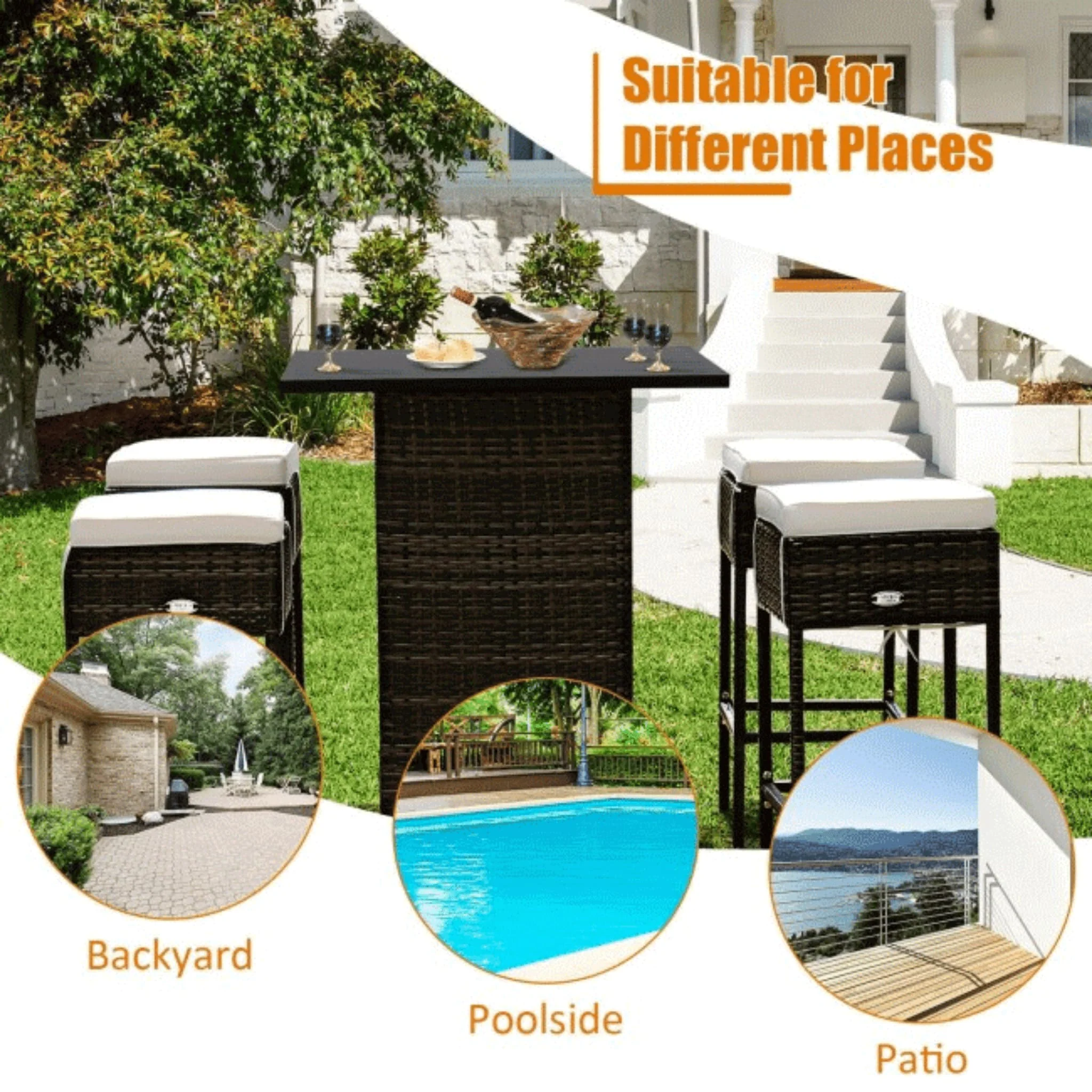 Alora 5-Piece Patio Rattan Bar Table Stool Set With Hidden Storage Shelf & Cushions (SAK14645) - Image 9