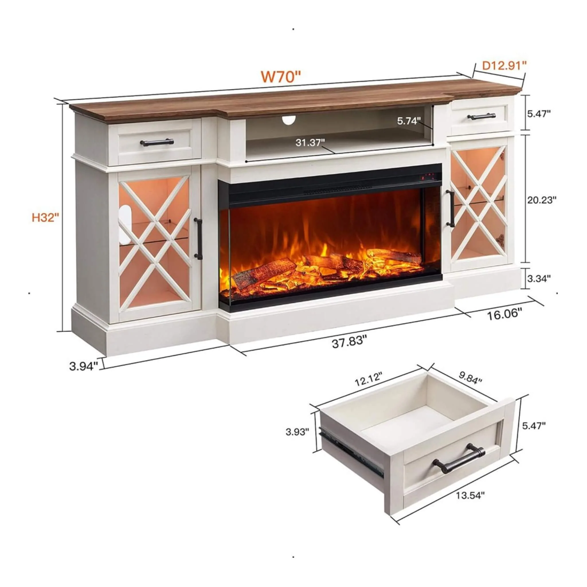 Nuvia Electric 70-Inch Fireplace TV Stand With Glass Door Storage Cabinet (SAK58627) - Image 3