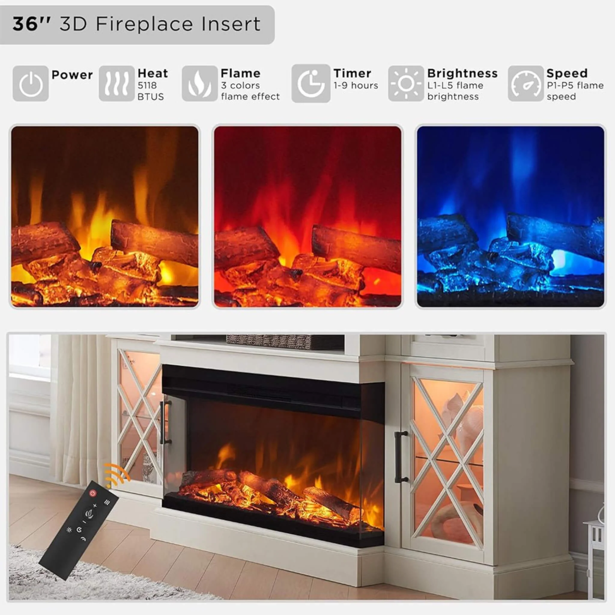 Nuvia Electric 70-Inch Fireplace TV Stand With Glass Door Storage Cabinet (SAK58627) - Image 4