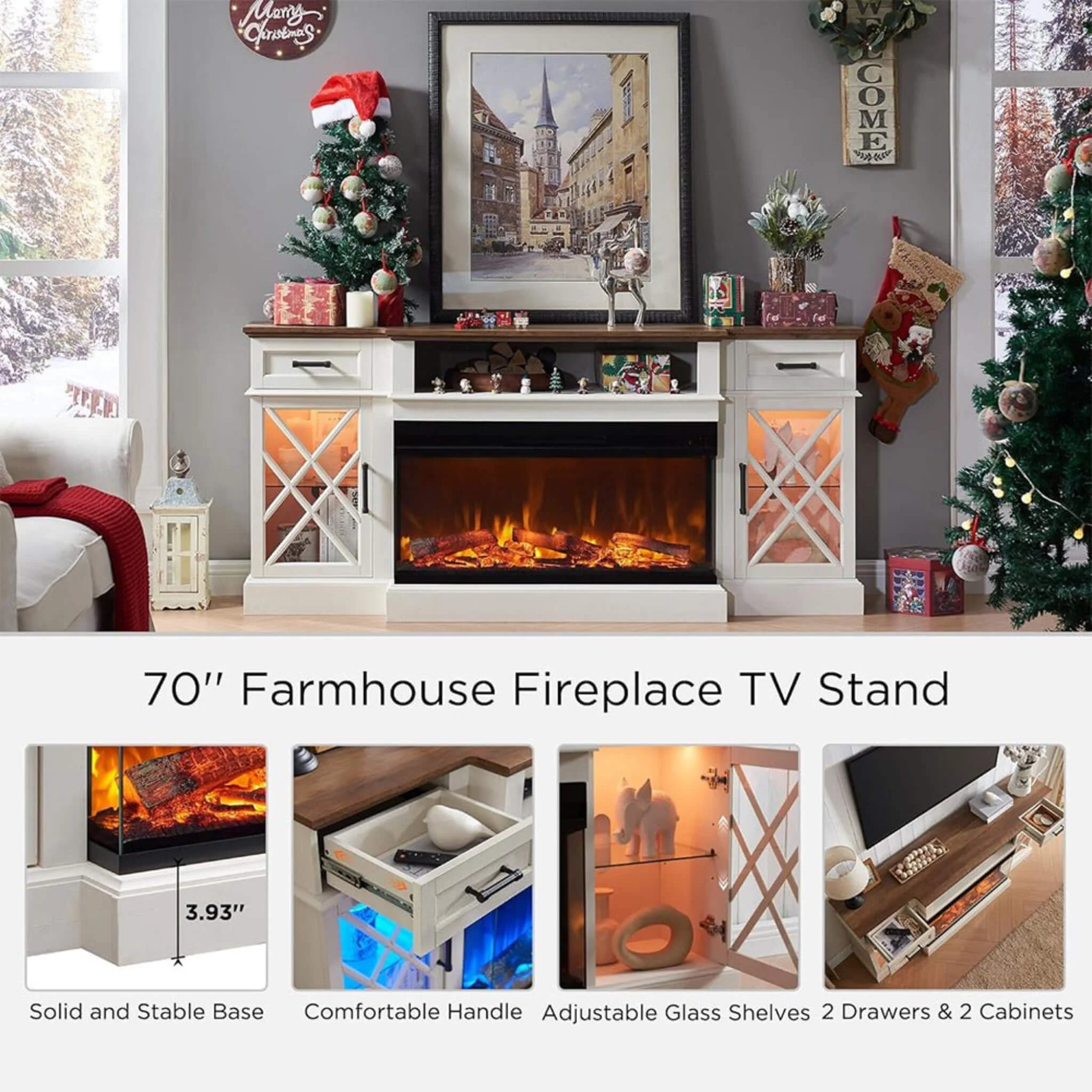 Nuvia Electric 70-Inch Fireplace TV Stand With Glass Door Storage Cabinet (SAK58627) - Image 5