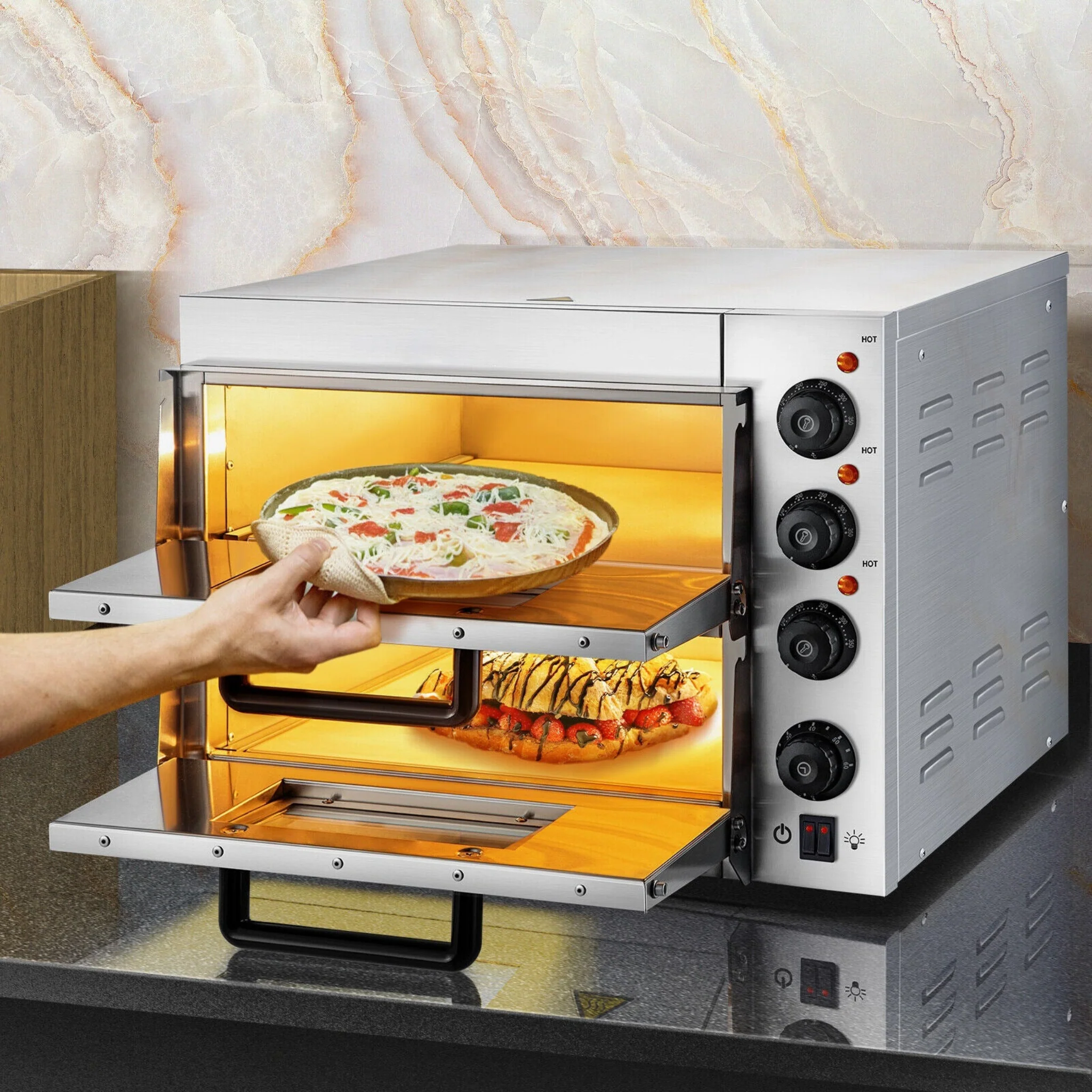 Heavy-Duty Electric 2000W Indoor Commercial Countertop Double Deck Pizza Oven (SAK36147) - Image 13