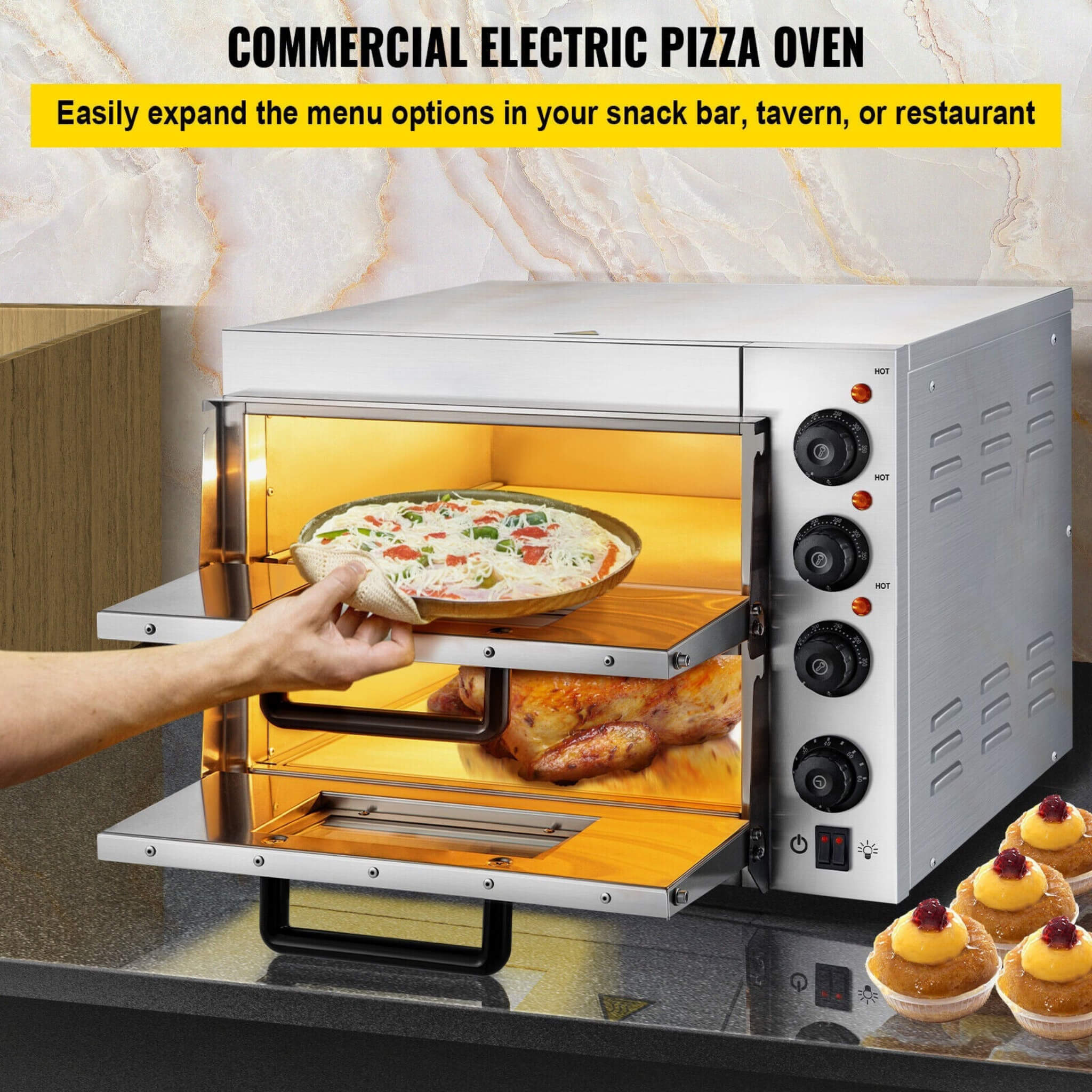Heavy-Duty Electric 2000W Indoor Commercial Countertop Double Deck Pizza Oven (SAK36147) - Image 4