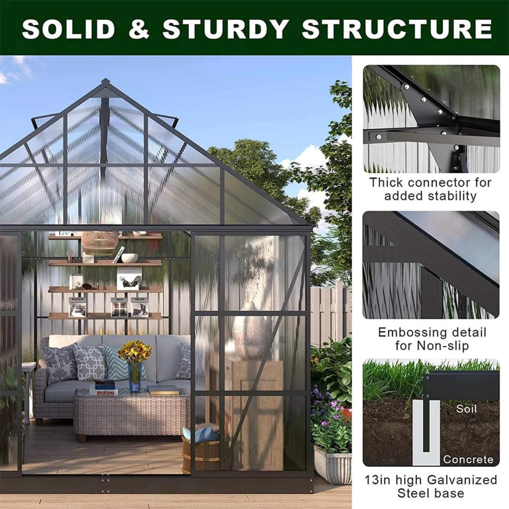 [10X12FT] Heavy-Duty Outdoor Walk-In Polycarbonate Patio Greenhouse With Sliding Doors & Vents (SAK92846) - Image 4