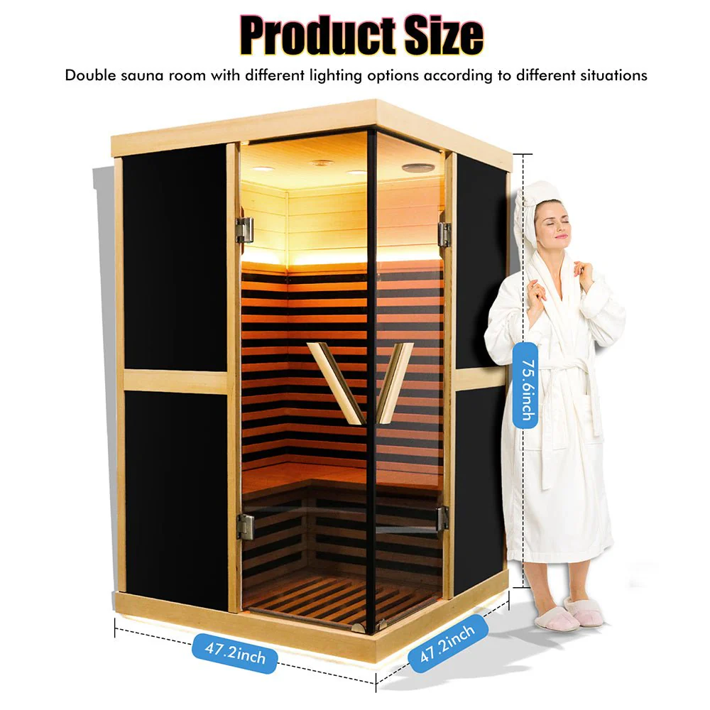 Thermora Helix Premium Large 2-Person V-Shaped FAR Infrared Sauna Room With Double Glass Doors, 1980W (SAK96413) - Image 6
