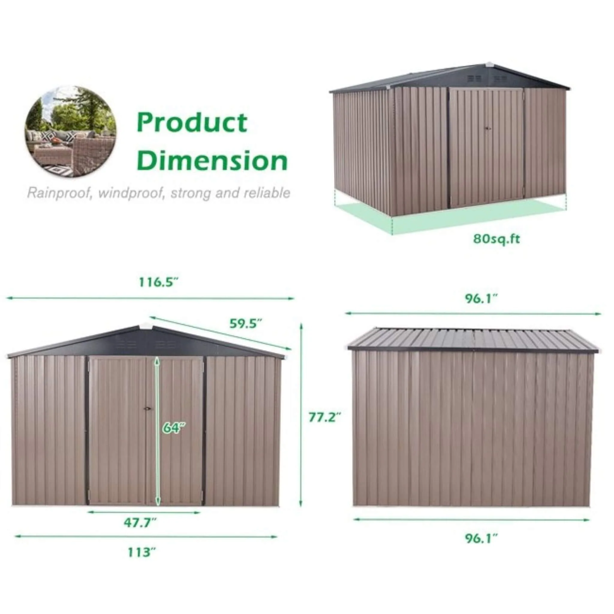 [08X10FT] Alora Large Heavy-Duty Outdoor Metal Garden Tools Storage Utility Shed W/ Lockable Door (SAK72751) - Image 8