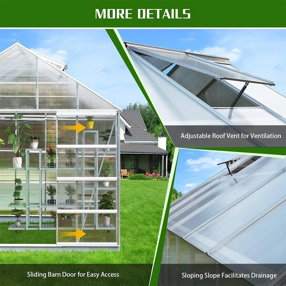 [10X12FT] Large Heavy-Duty Outdoor Walk-In Polycarbonate Aluminum Frame Greenhouse With Adjustable Vents & Sliding Doors (SAK93648) - Image 3