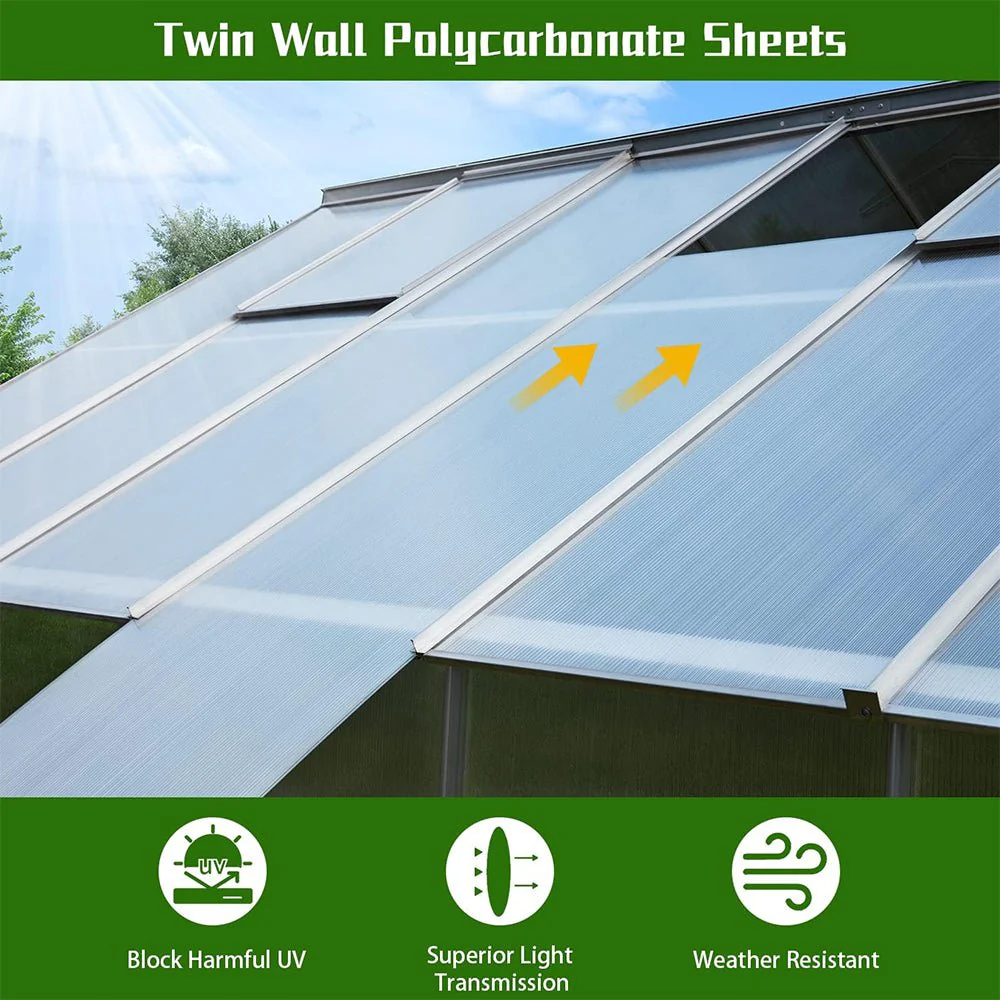 [10X12FT] Large Heavy-Duty Outdoor Walk-In Polycarbonate Aluminum Frame Greenhouse With Adjustable Vents & Sliding Doors (SAK93648) - Image 4