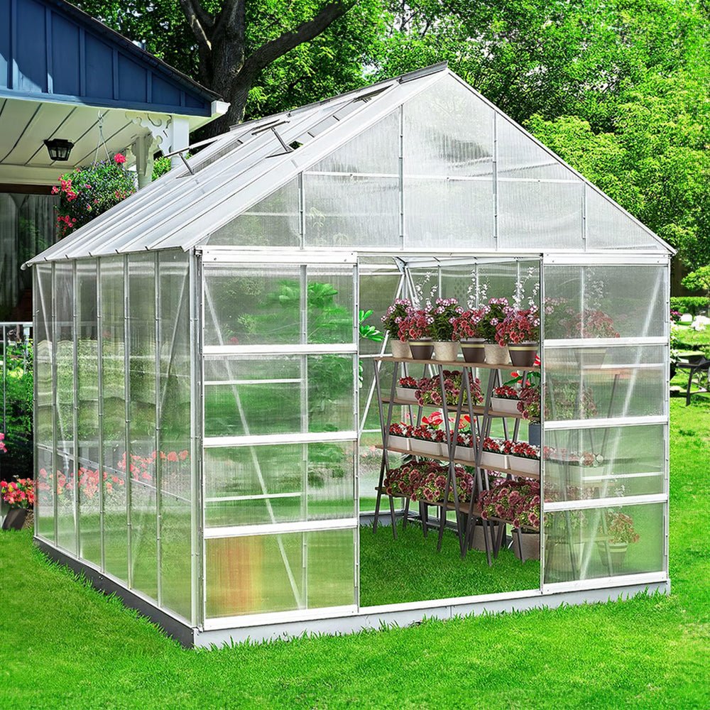 [10X12FT] Large Heavy-Duty Outdoor Walk-In Polycarbonate Aluminum Frame Greenhouse With Adjustable Vents & Sliding Doors (SAK93648) - Image 5