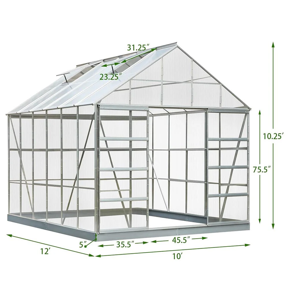 [10X12FT] Large Heavy-Duty Outdoor Walk-In Polycarbonate Aluminum Frame Greenhouse With Adjustable Vents & Sliding Doors (SAK93648) - Image 8