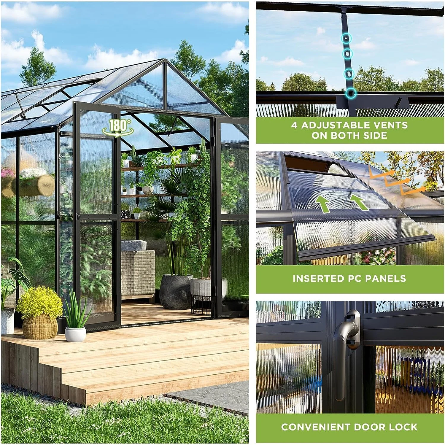 [08X12FT] Large Premium Outdoor Aluminum Polycarbonate Greenhouse With Double Swing Doors (SAK92641) - Image 4