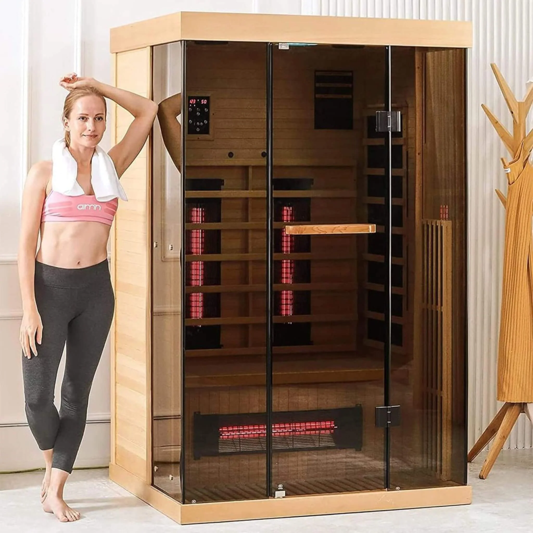 Thermora Valen Luxury 2000W 2-Person Low EMF FAR Infrared Heat Wood Home Personal Spa Sauna W/ Panoramic Tempered Glass (SAK27481) - Image 3