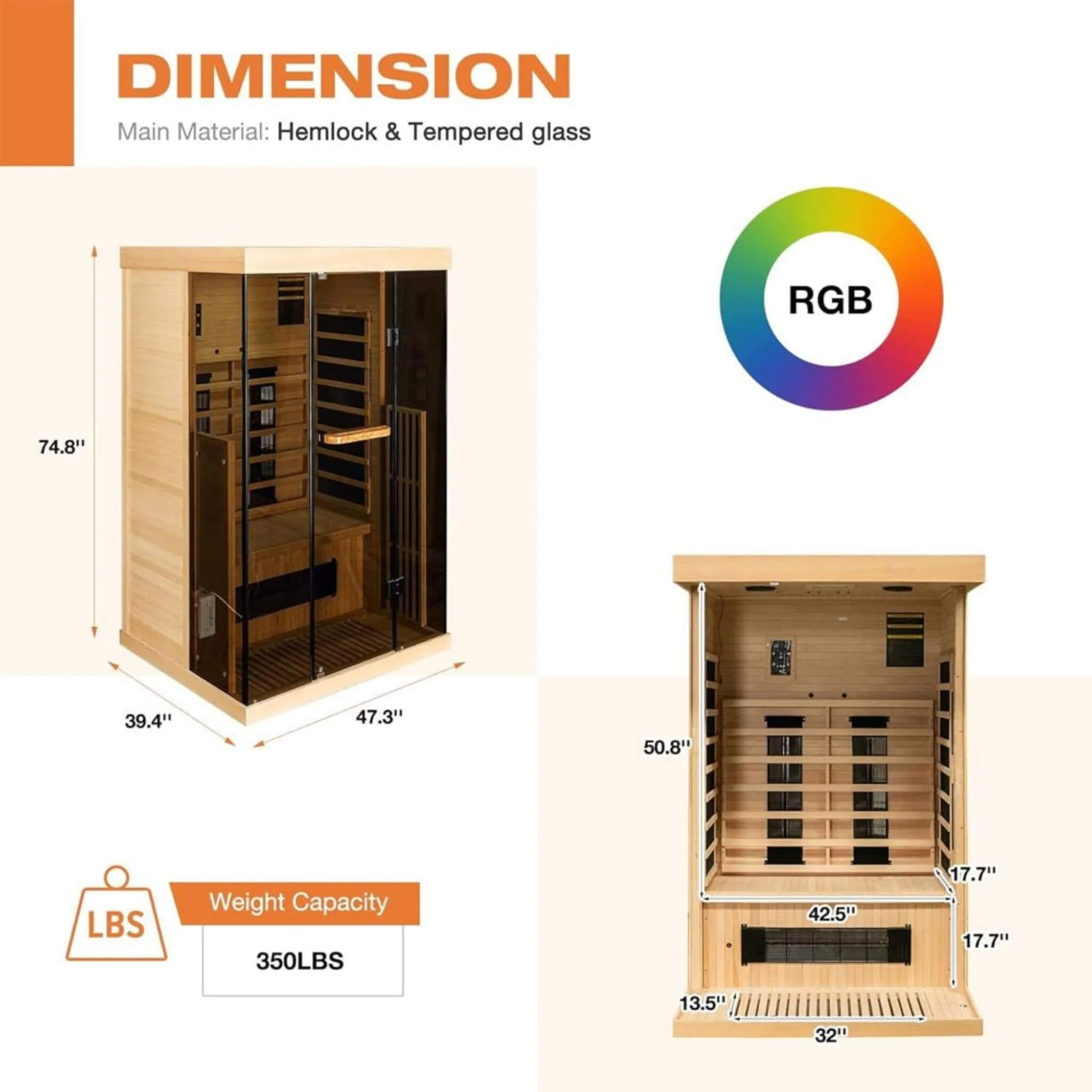 Thermora Valen Luxury 2000W 2-Person Low EMF FAR Infrared Heat Wood Home Personal Spa Sauna W/ Panoramic Tempered Glass (SAK27481) - Image 9