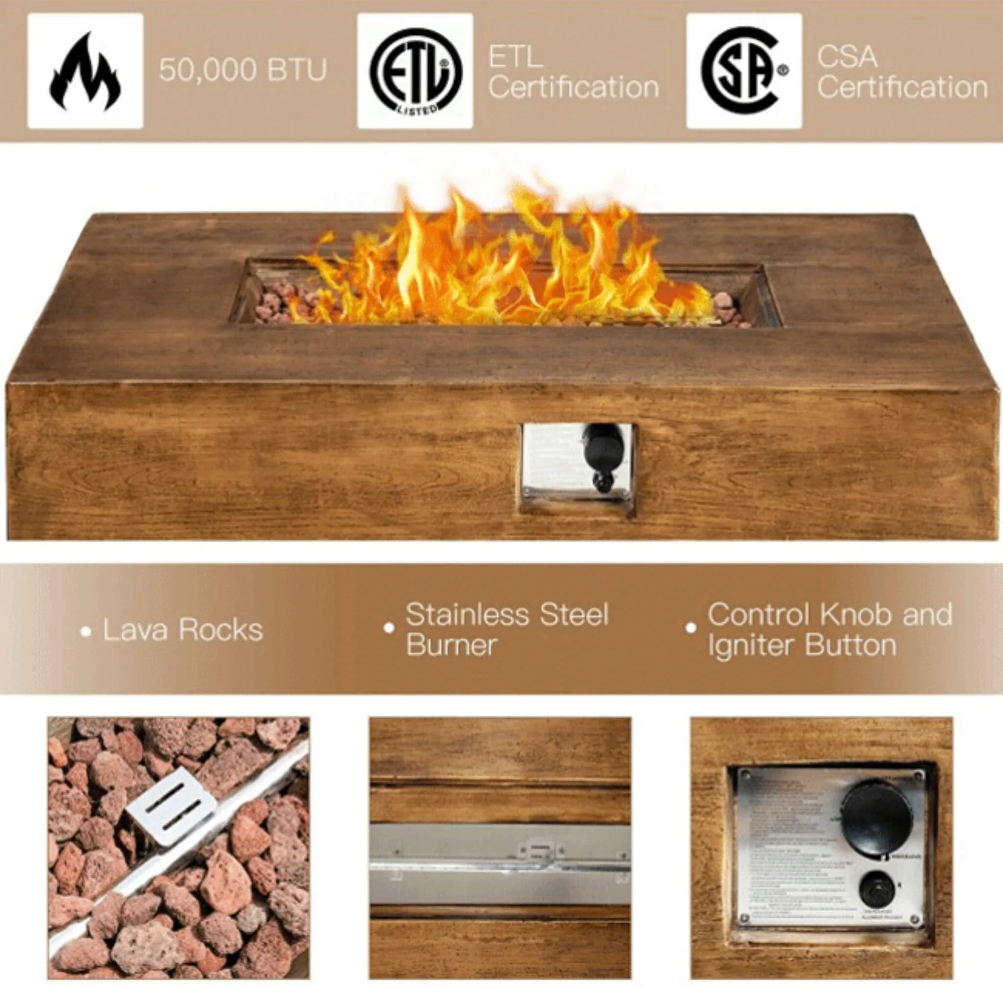 Alora Outdoor Propane Gas Fire Pit Table W/ Lava Rocks & Cover, 50K BTU (SAK94436) - Image 6