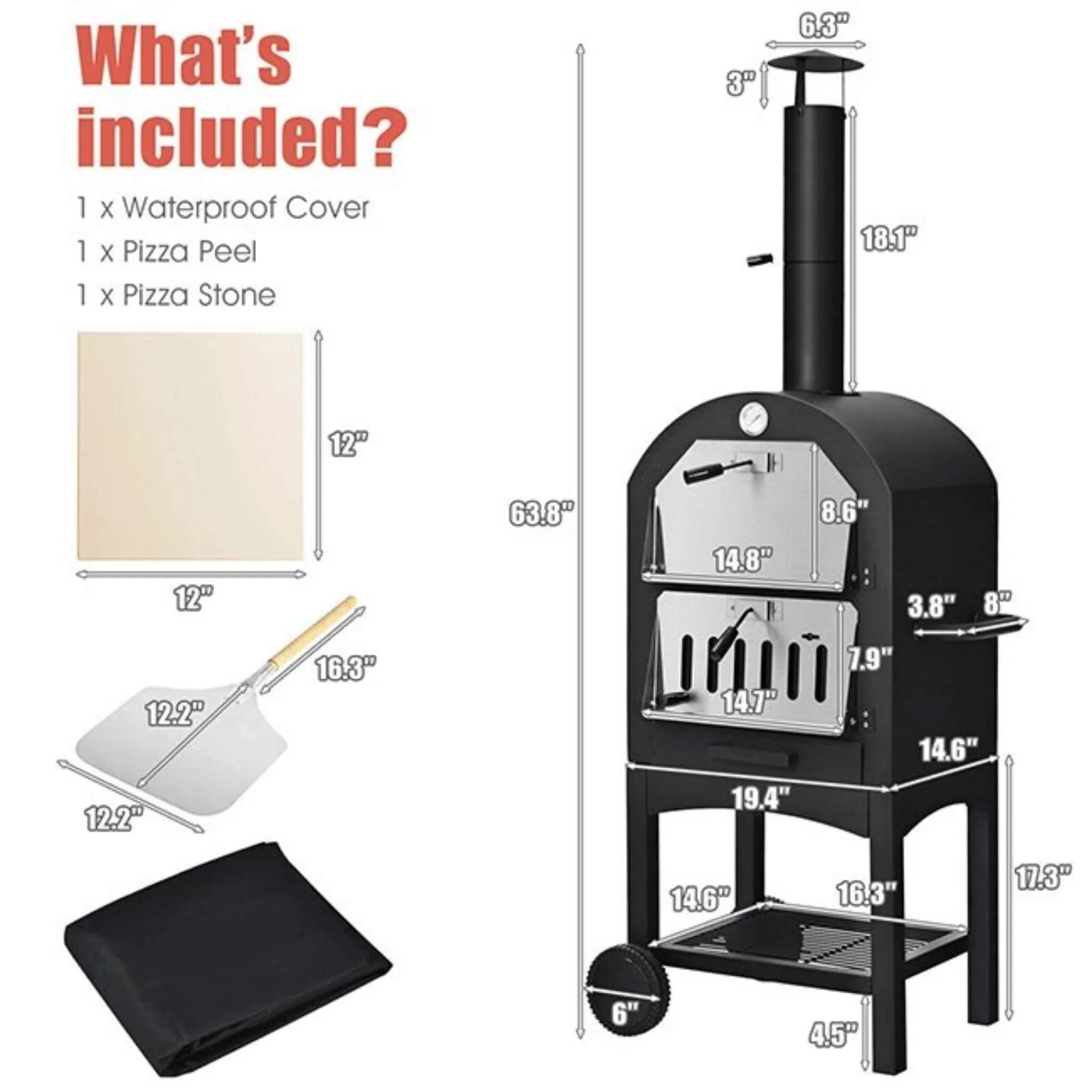 Portable Outdoor Wood Fired Pizza Oven W/ Pizza Stone & Waterproof Cover (SAK82635) - Image 10