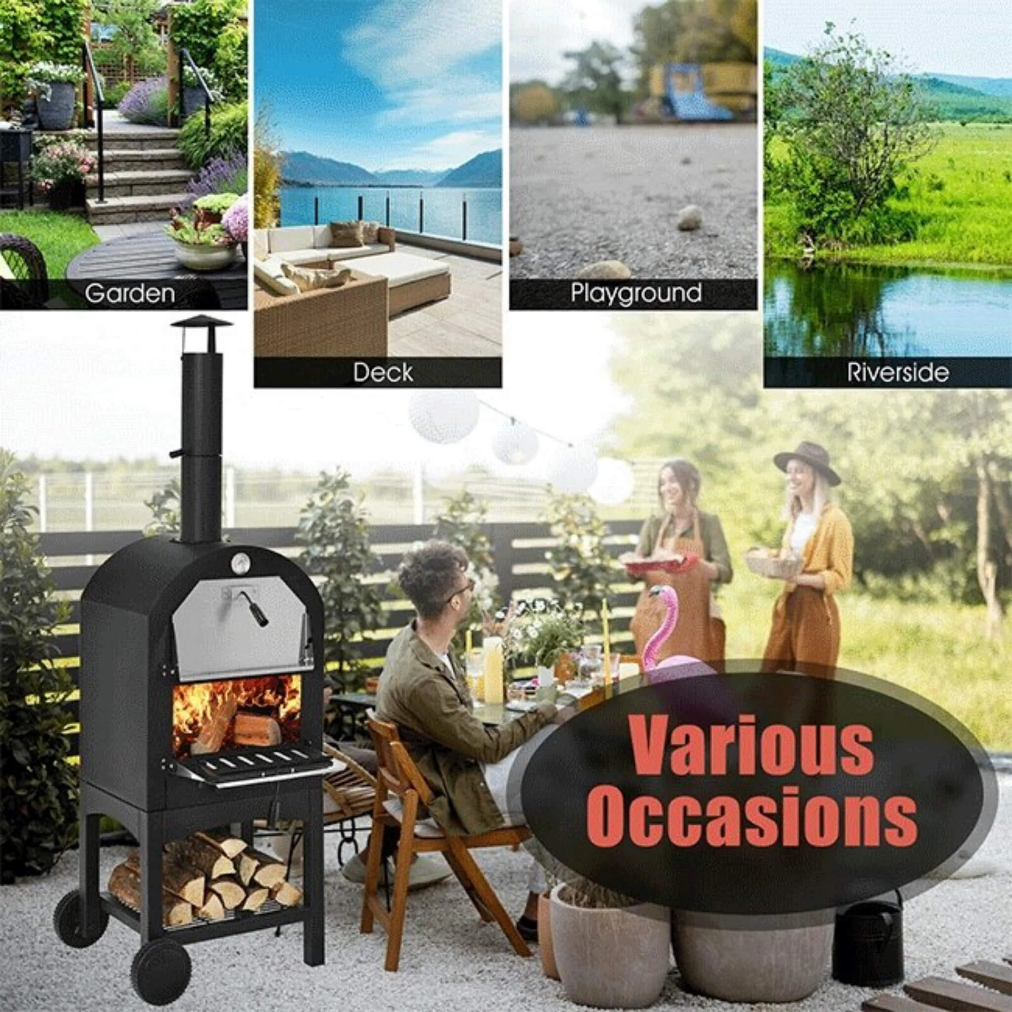 Portable Outdoor Wood Fired Pizza Oven W/ Pizza Stone & Waterproof Cover (SAK82635) - Image 6