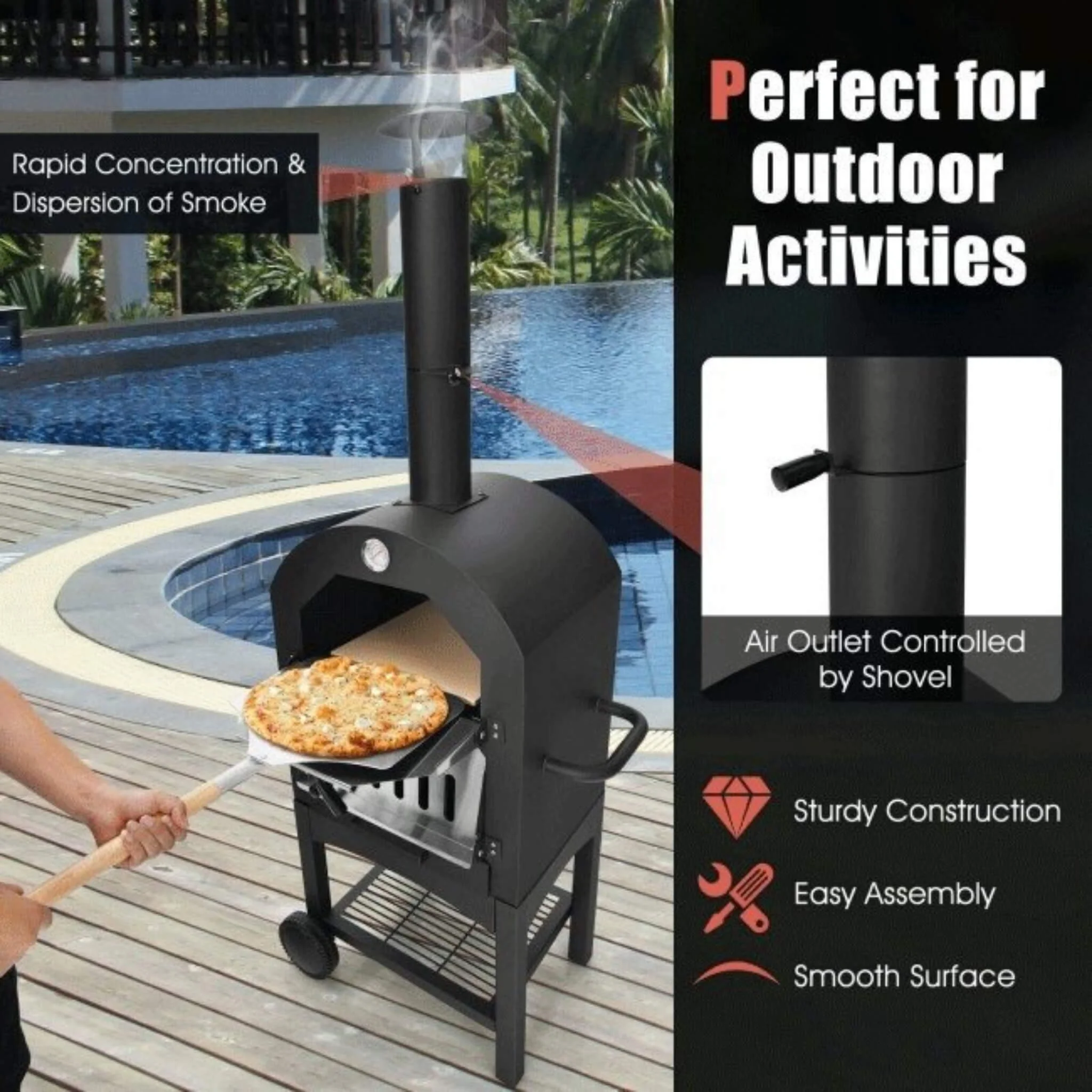 Portable Outdoor Wood Fired Pizza Oven W/ Pizza Stone & Waterproof Cover (SAK82635) - Image 9
