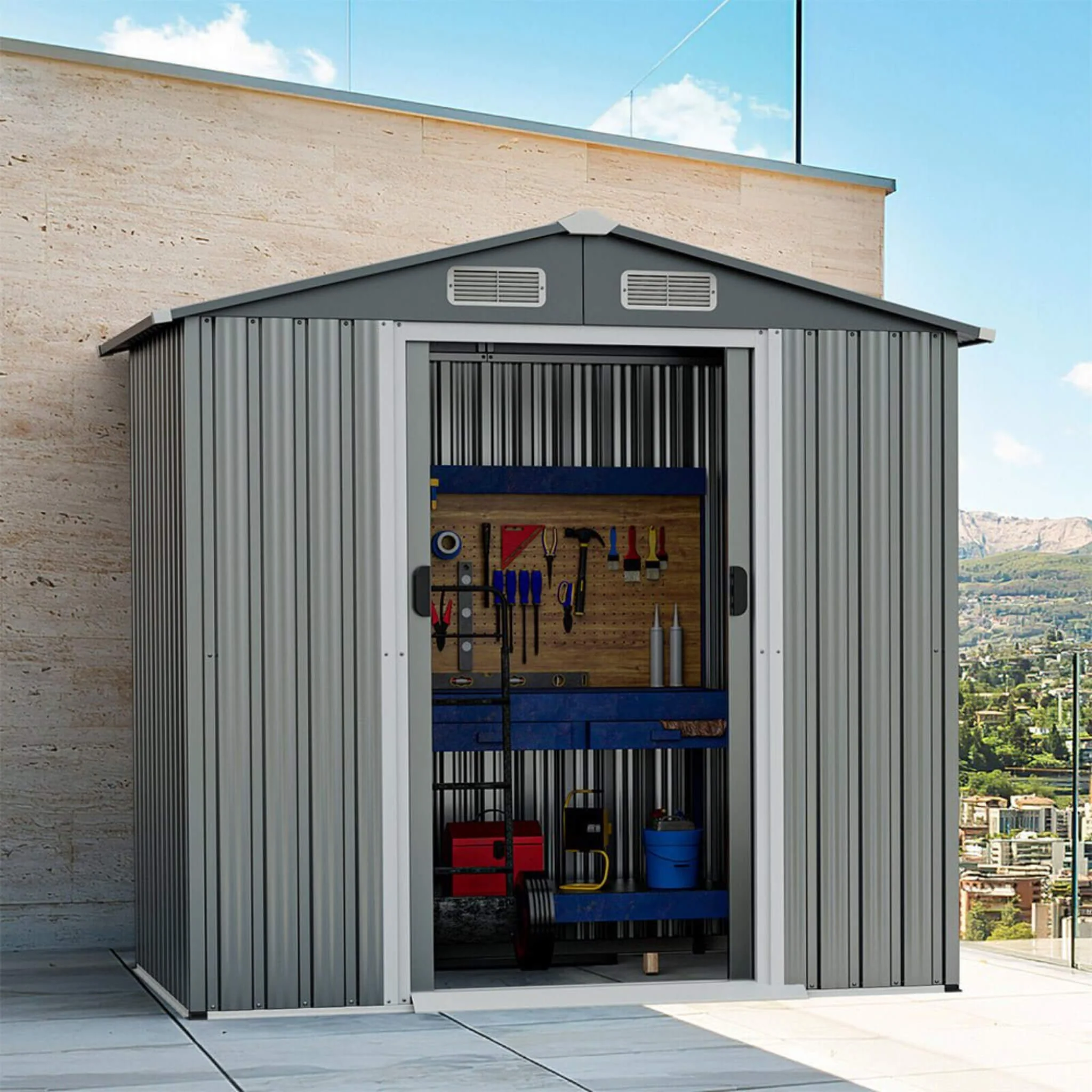 [04X06FT] Alora Premium Garden Galvanized Steel Storage Shed W/ Lockable Sliding Doors (SAK75842) - Image 5