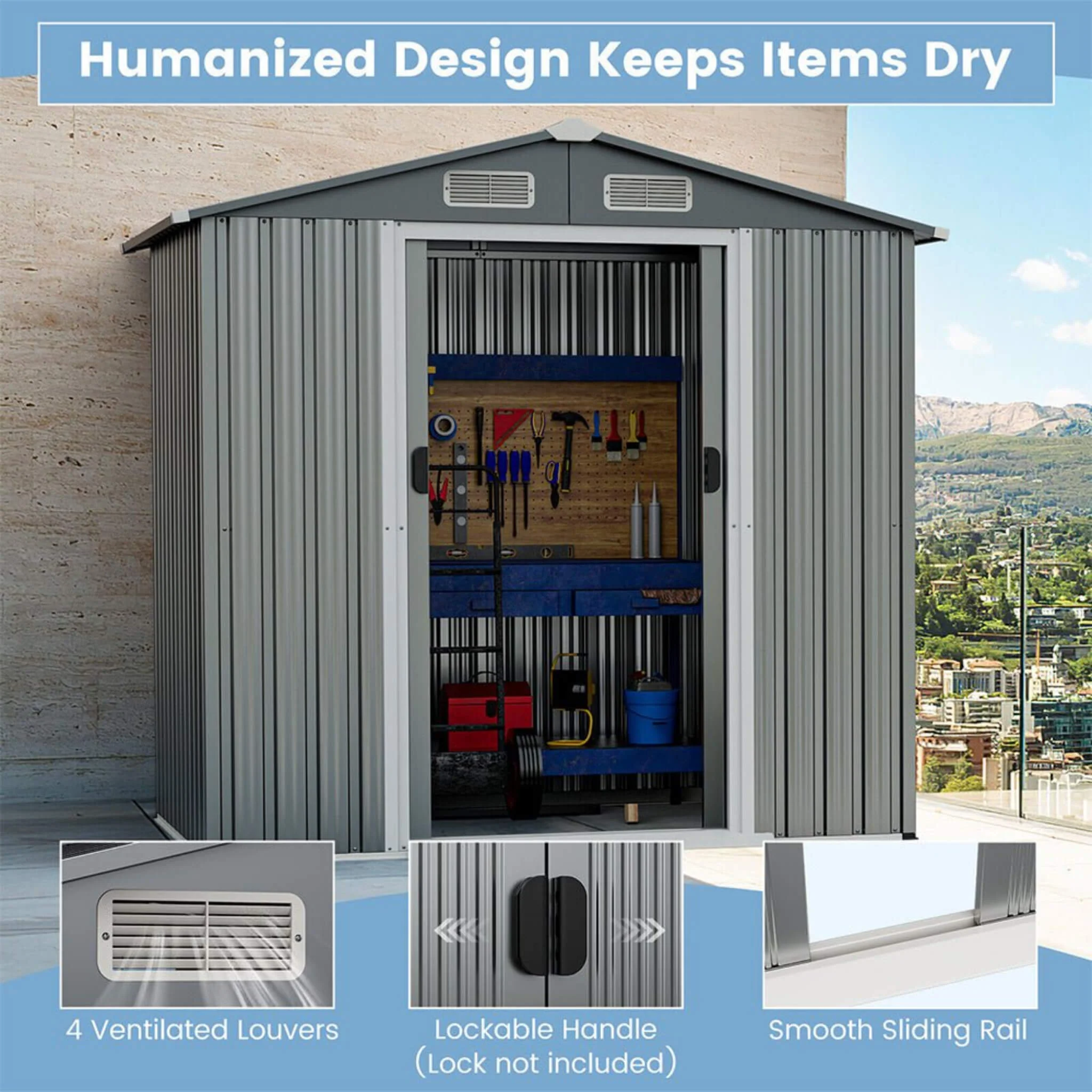 [04X06FT] Alora Premium Garden Galvanized Steel Storage Shed W/ Lockable Sliding Doors (SAK75842) - Image 7