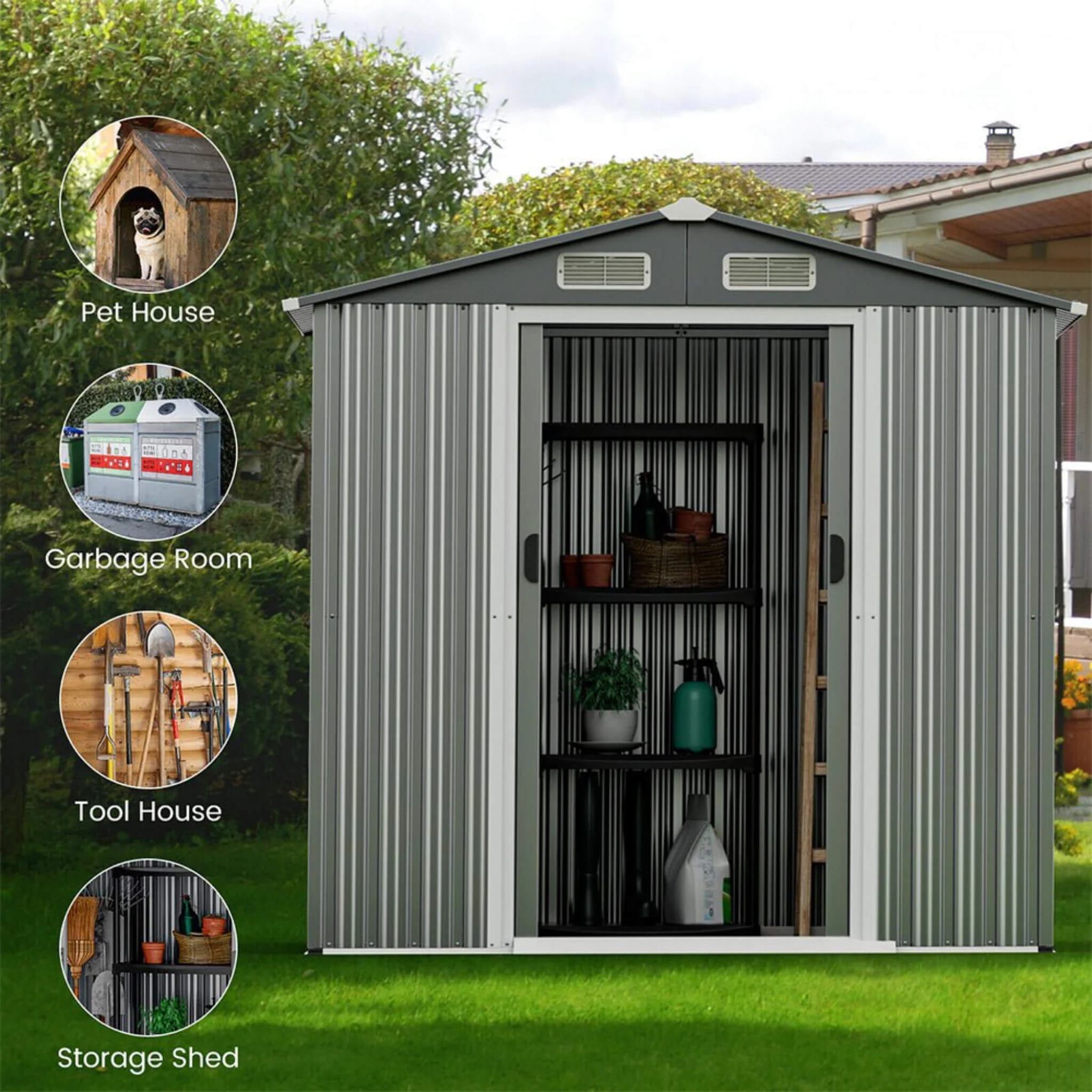 [04X06FT] Alora Premium Garden Galvanized Steel Storage Shed W/ Lockable Sliding Doors (SAK75842) - Image 8