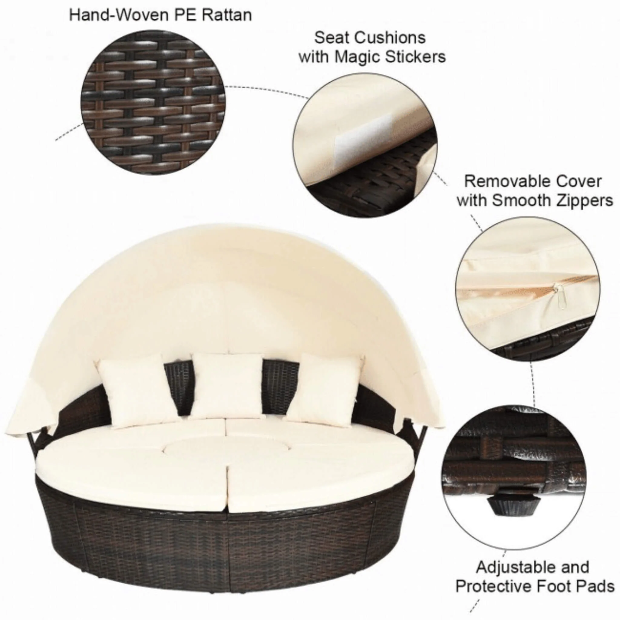 Alora Premium 76-Inch Round Outdoor Patio Rattan Daybed W/ Canopy & Table (SAK96418) - Image 10