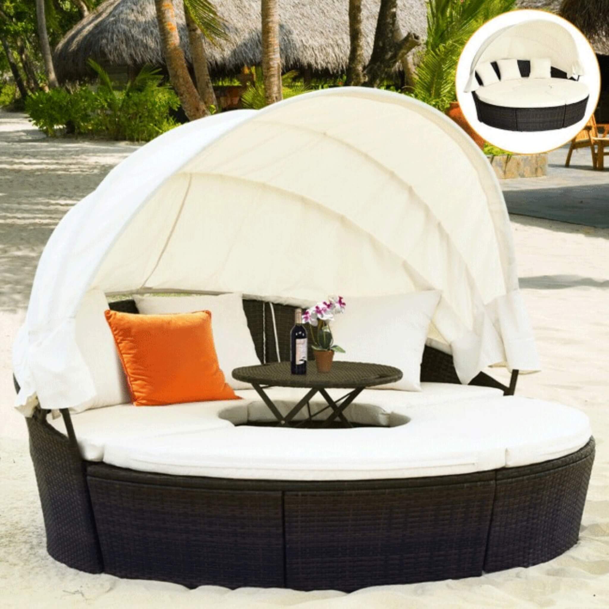 Alora Premium 76-Inch Round Outdoor Patio Rattan Daybed W/ Canopy & Table (SAK96418) - Image 7