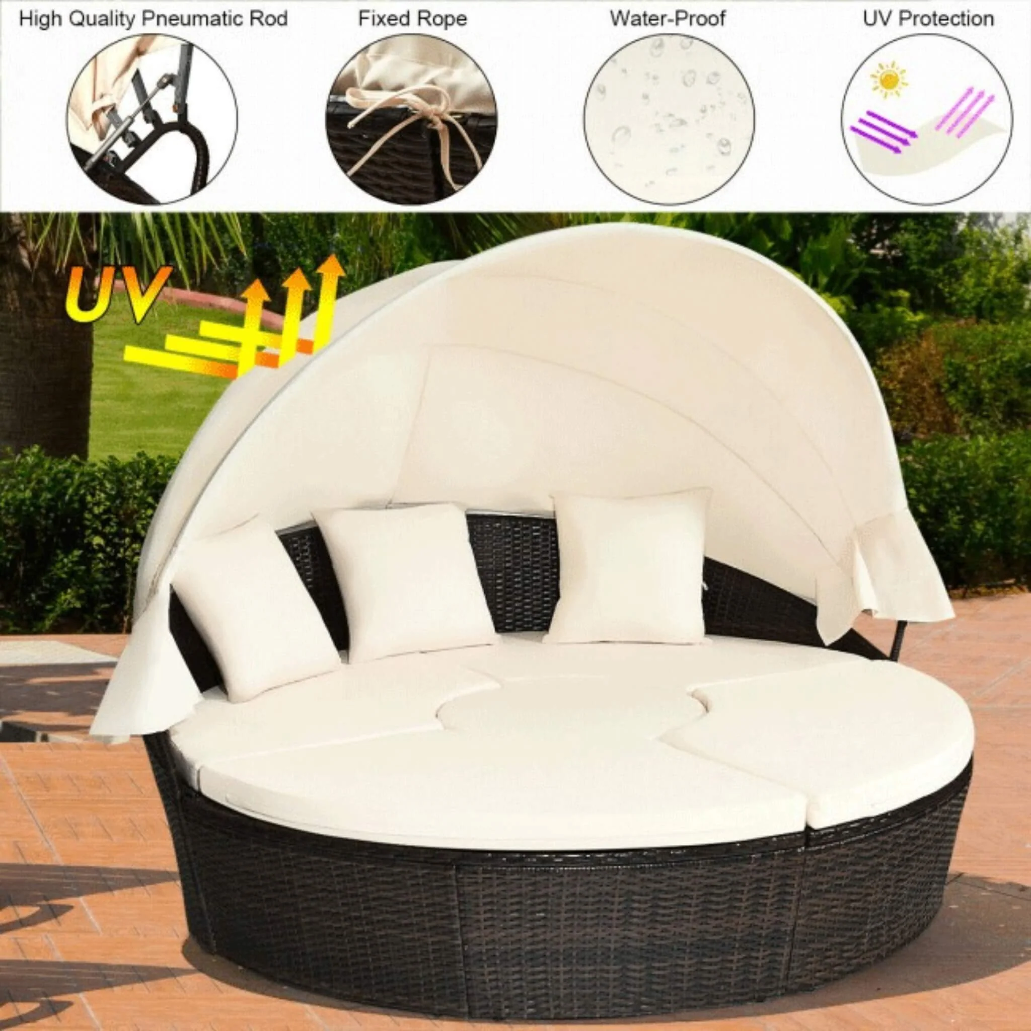 Alora Premium 76-Inch Round Outdoor Patio Rattan Daybed W/ Canopy & Table (SAK96418) - Image 9